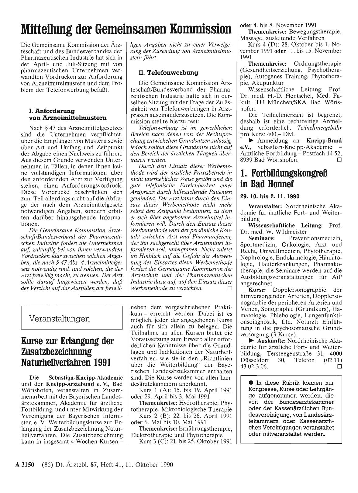 Vorschauseite 1: Veranstaltungen: Kurse zur Eriangung der Zusatzbezeichnung Naturheilverfahren 1991
