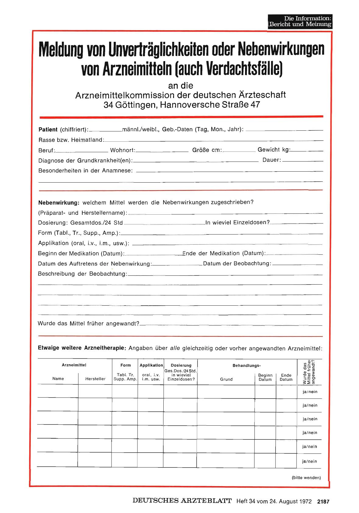 Vorschauseite 1: Meldung von Unverträglichkeiten oder Nebenwirkungen von Arzneimitteln
