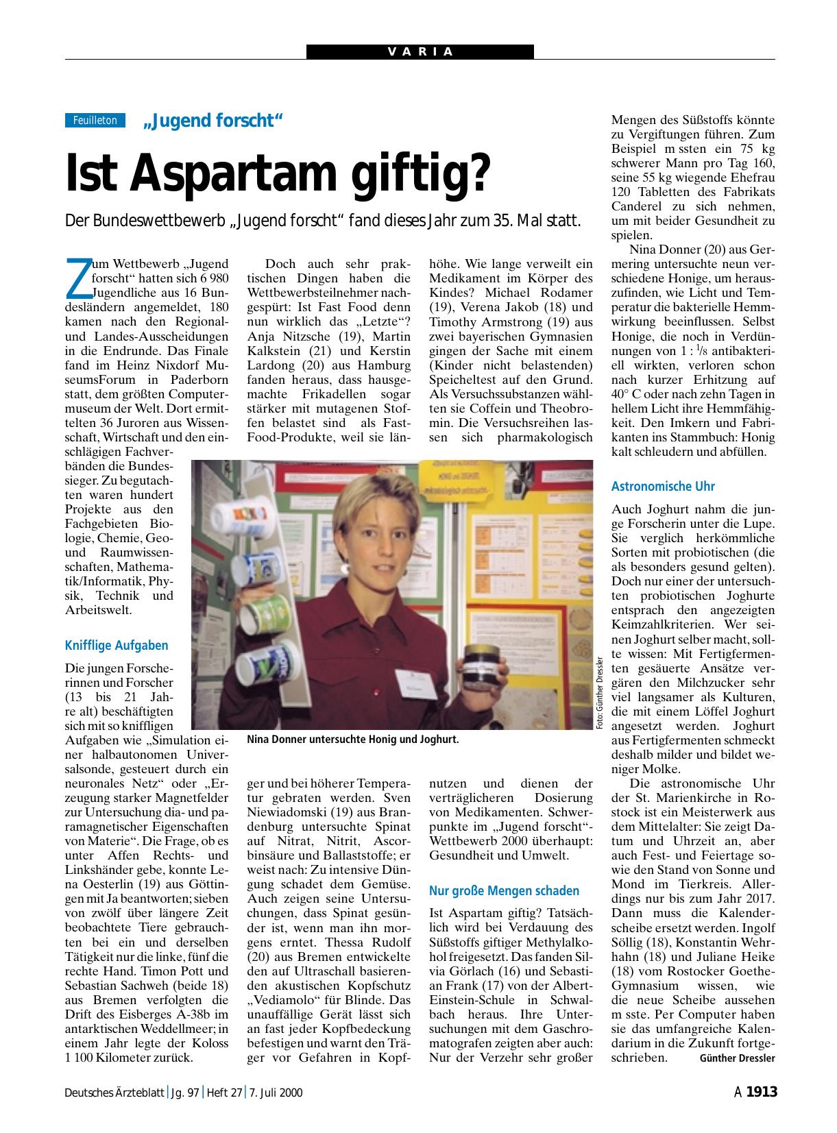 Vorschauseite 1: „Jugend forscht“: Ist Aspartam giftig?