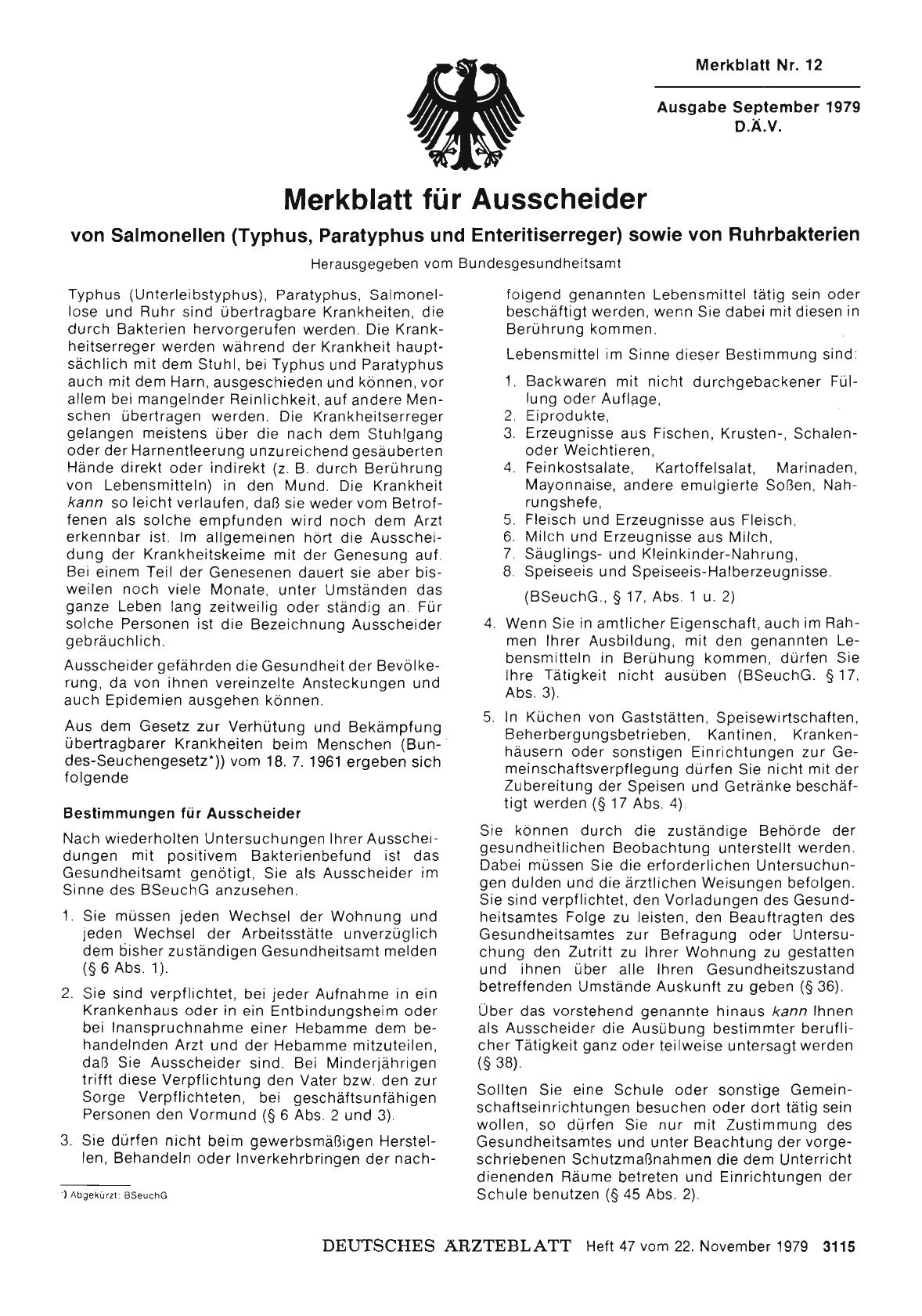 Vorschauseite 1: Merkblatt für Ausscheider von Salmonellen (Typhus, Paratyphus und Enteritiserreger) sowie von Ruhrbakterien