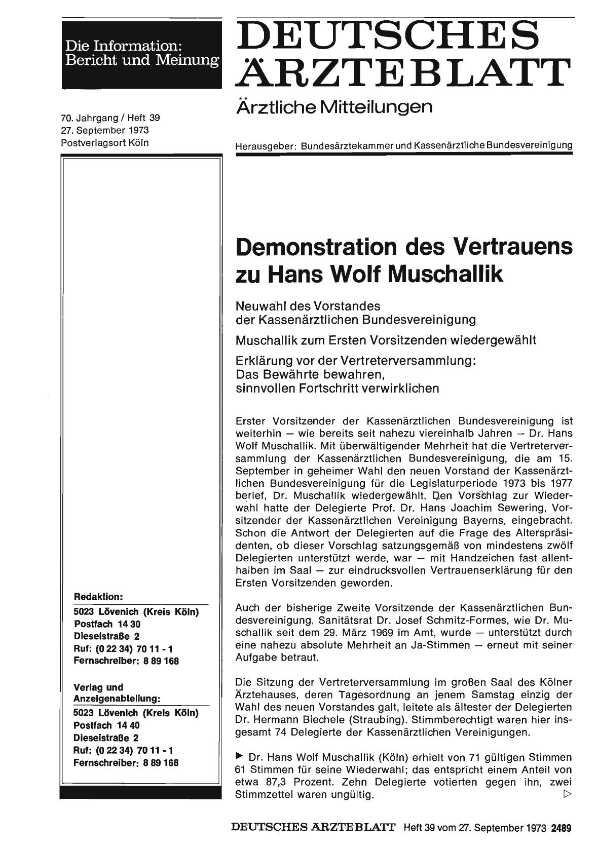 Vorschauseite 1: Demonstration des Vertrauens zu Hans Wolf Muschallik