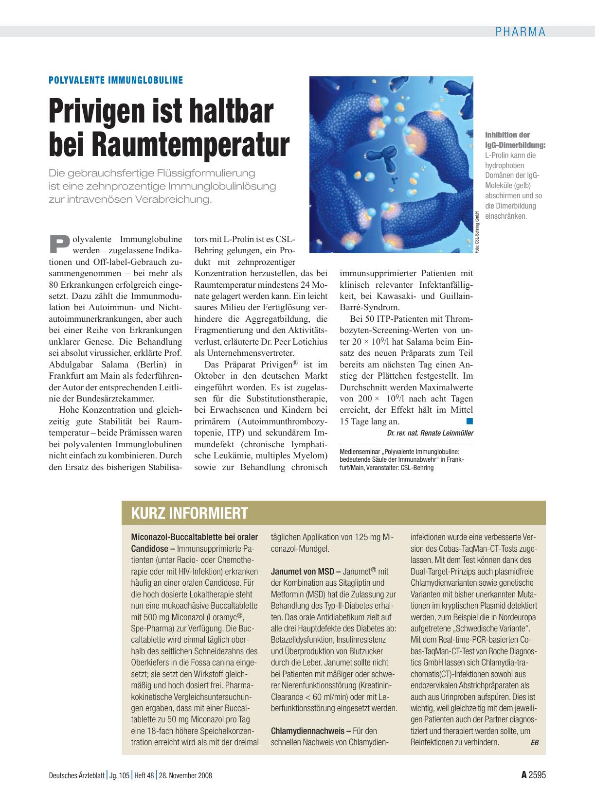 Vorschauseite 1: Polyvalente Immunglobuline: Privigen ist haltbar bei Raumtemperatur