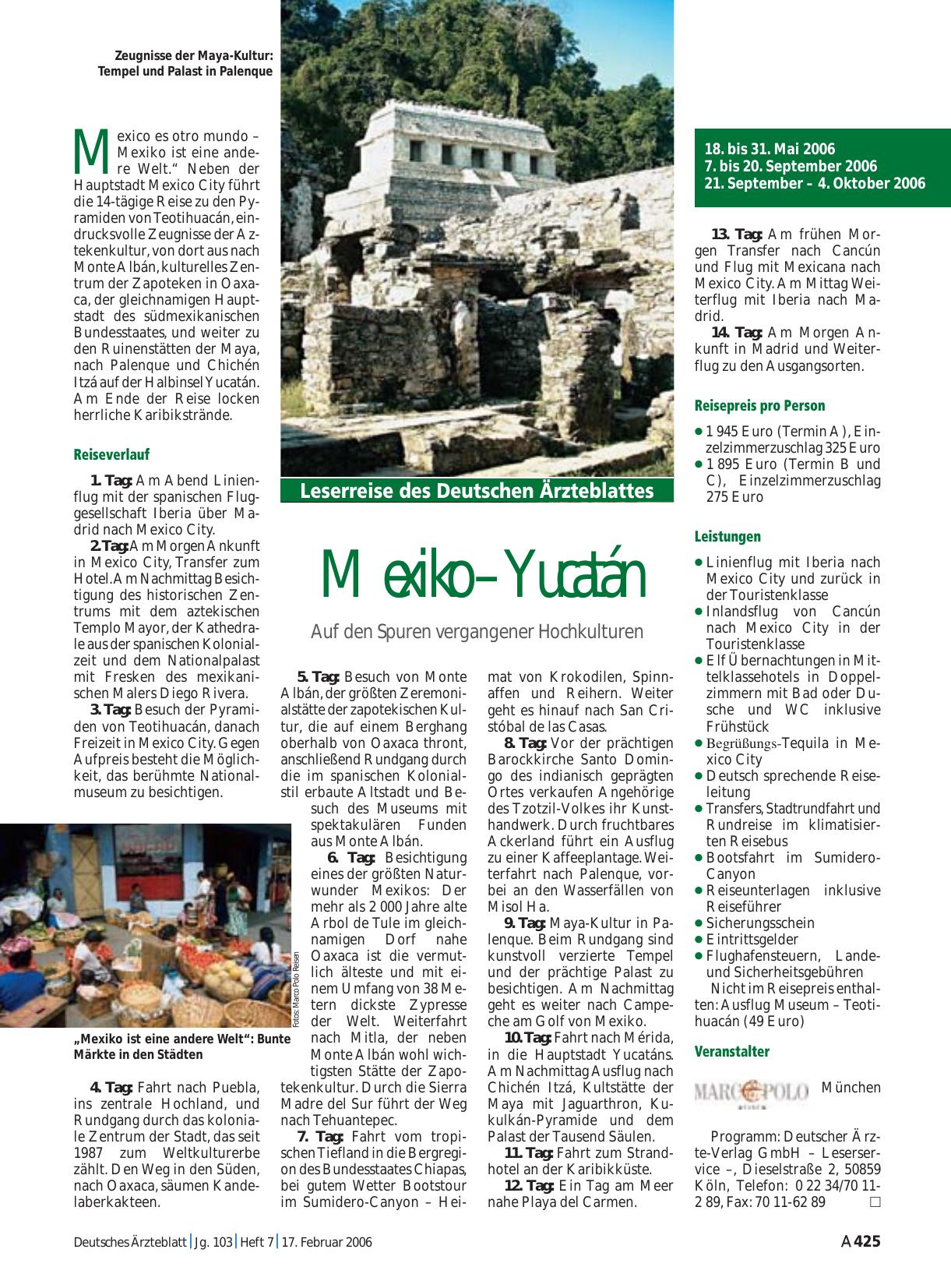 Vorschauseite 1: Leserreise des Deutschen Ärzteblattes: Mexiko – Yucatán: Auf den Spuren vergangener Hochkulturen