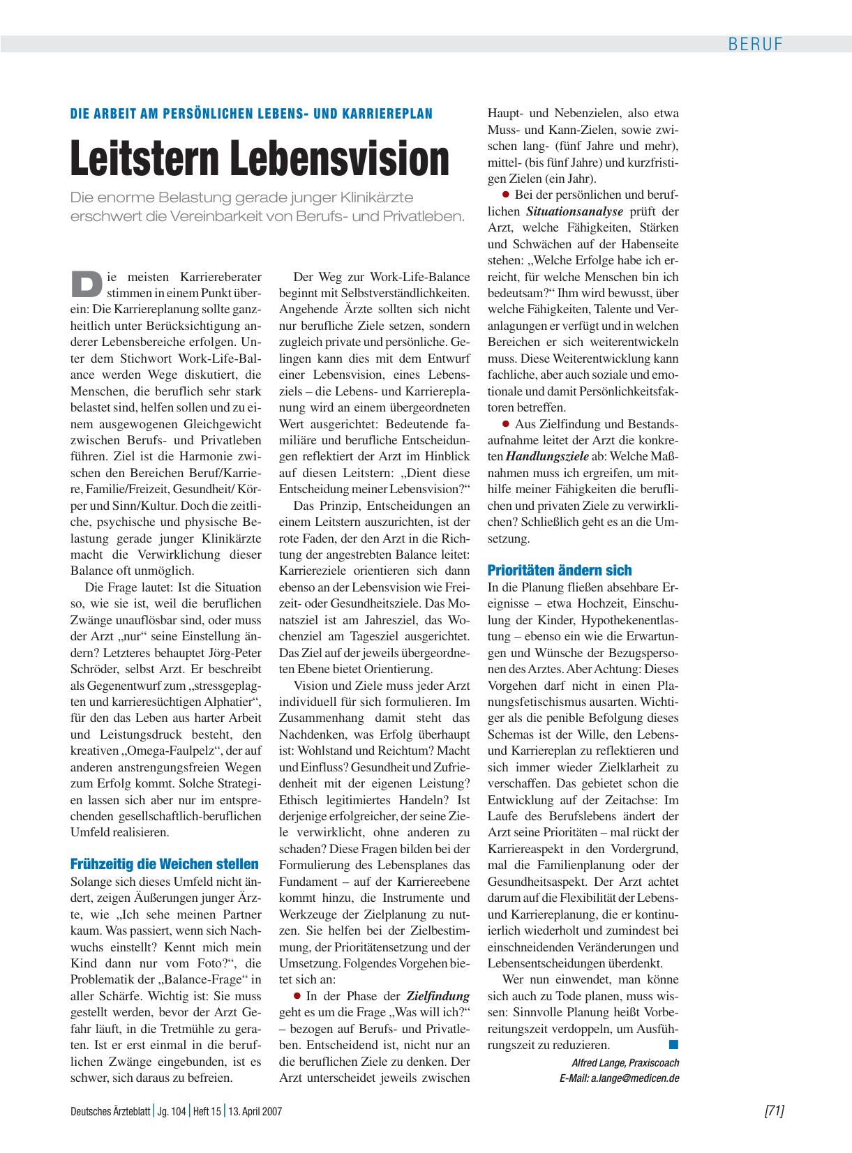 Vorschauseite 1: Die Arbeit am persönlichen Lebensund Karriereplan: Leitstern Lebensvision