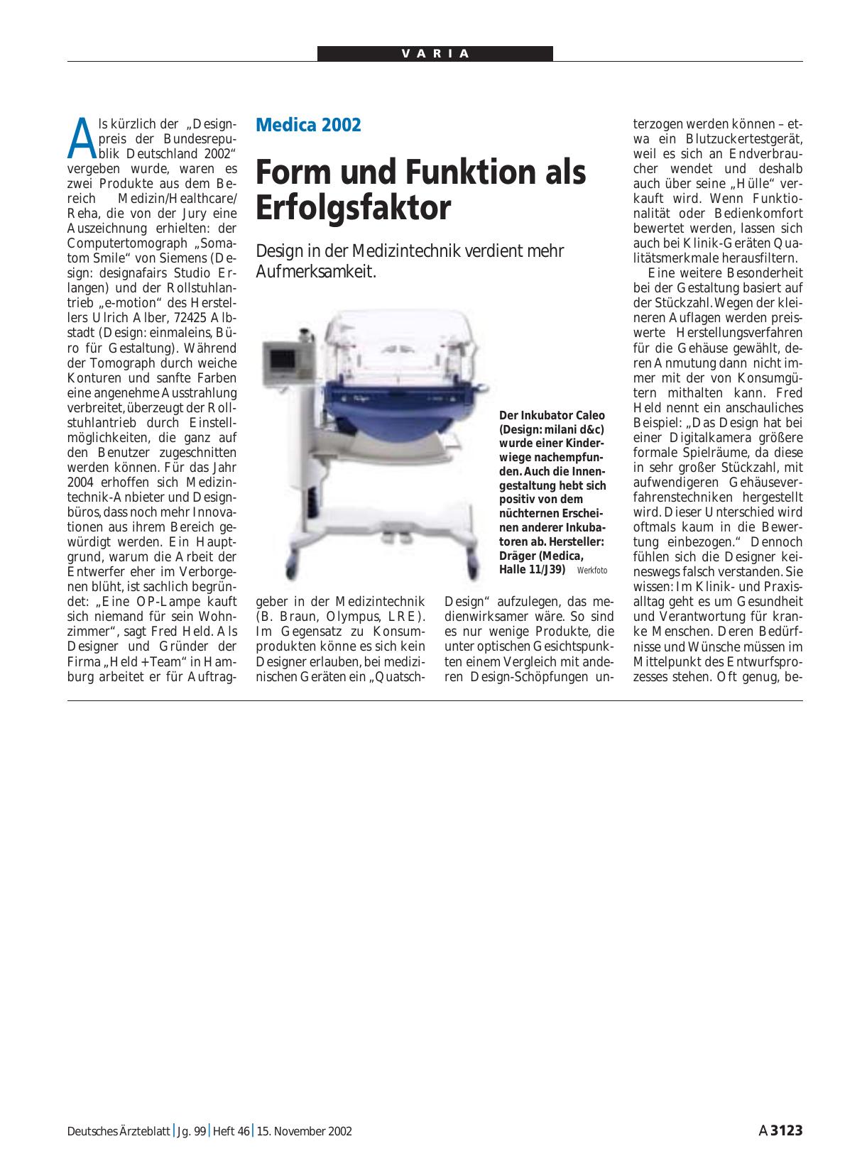 Vorschauseite 1: Medica 2002: Form und Funktion als Erfolgsfaktor