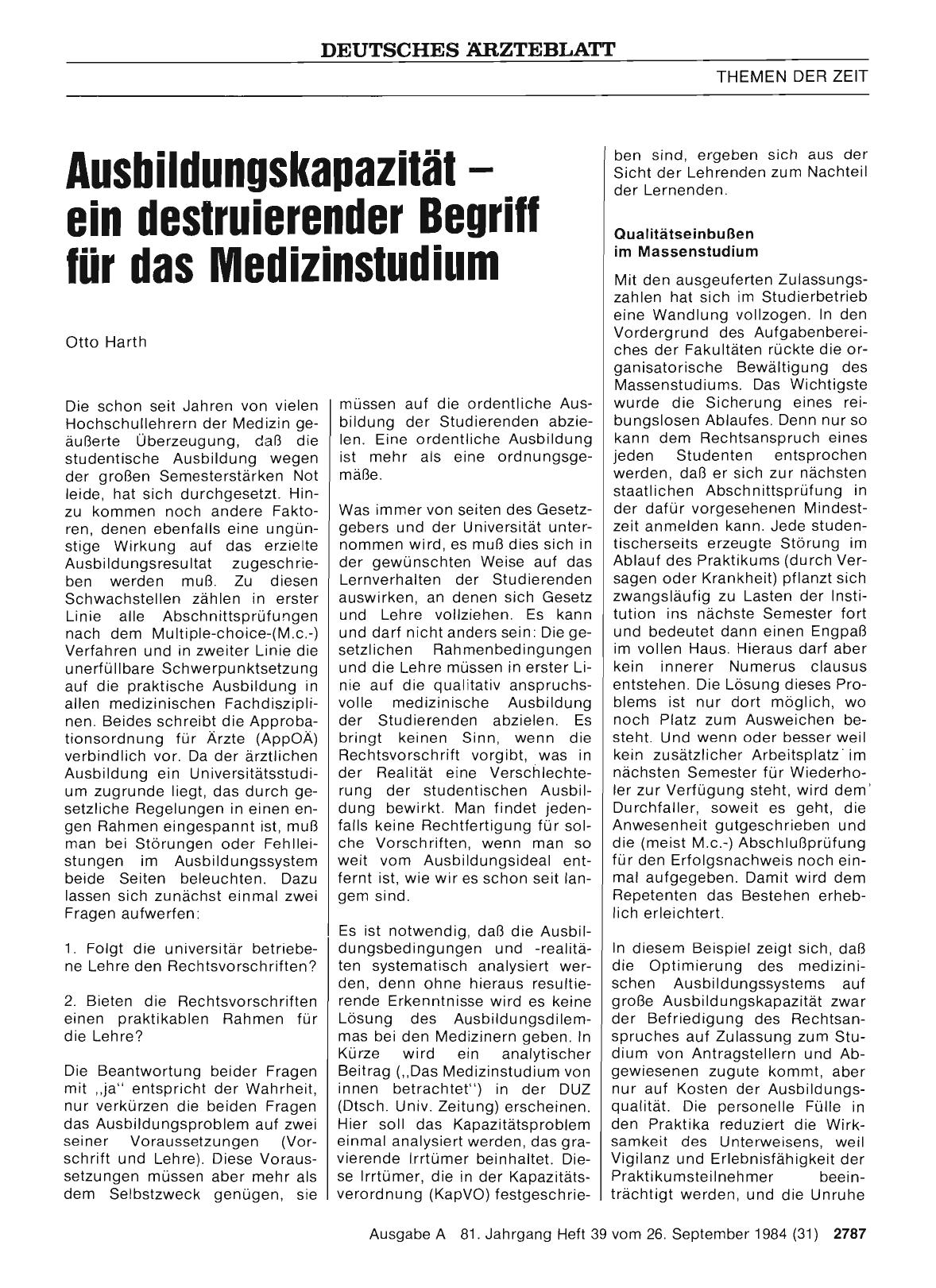 Vorschauseite 1: Ausbildungskapazität — ein destruierender Begriff für das Medizinstudium