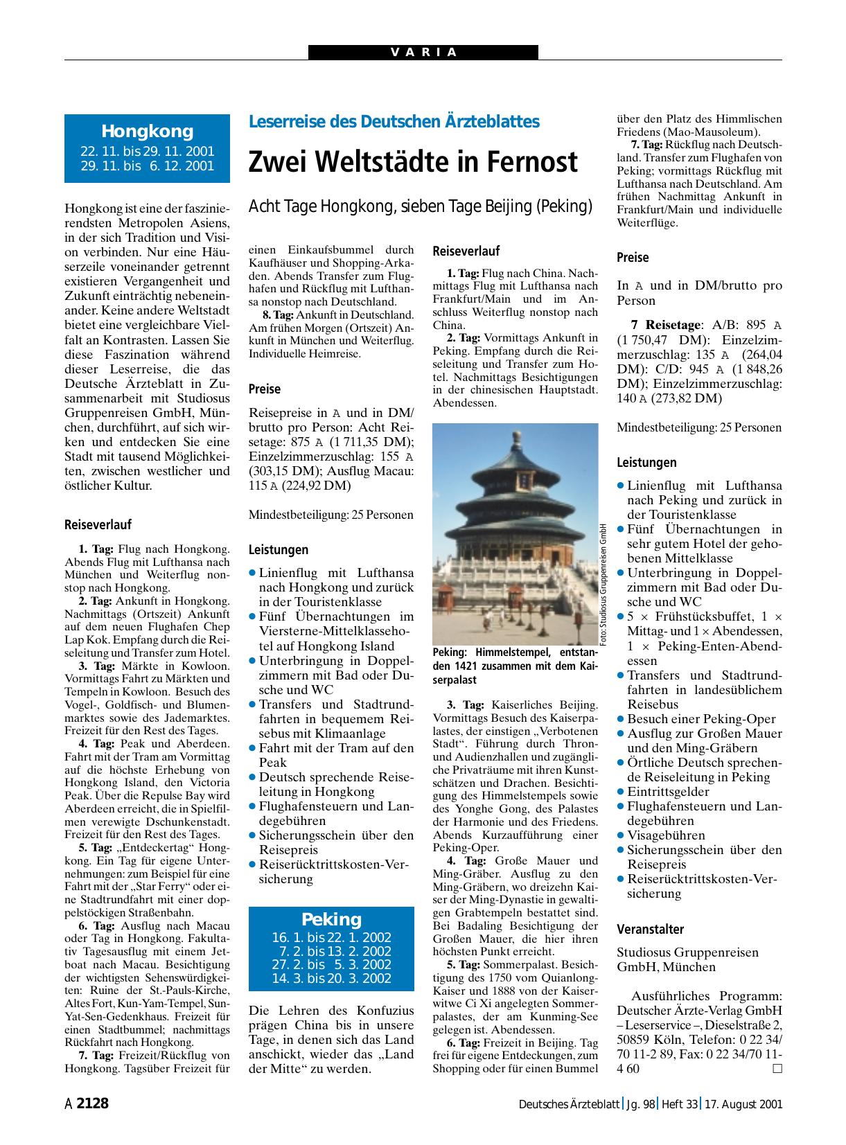 Vorschauseite 1: Leserreise des Deutschen Ärzteblattes: Zwei Weltstädte in Fernost