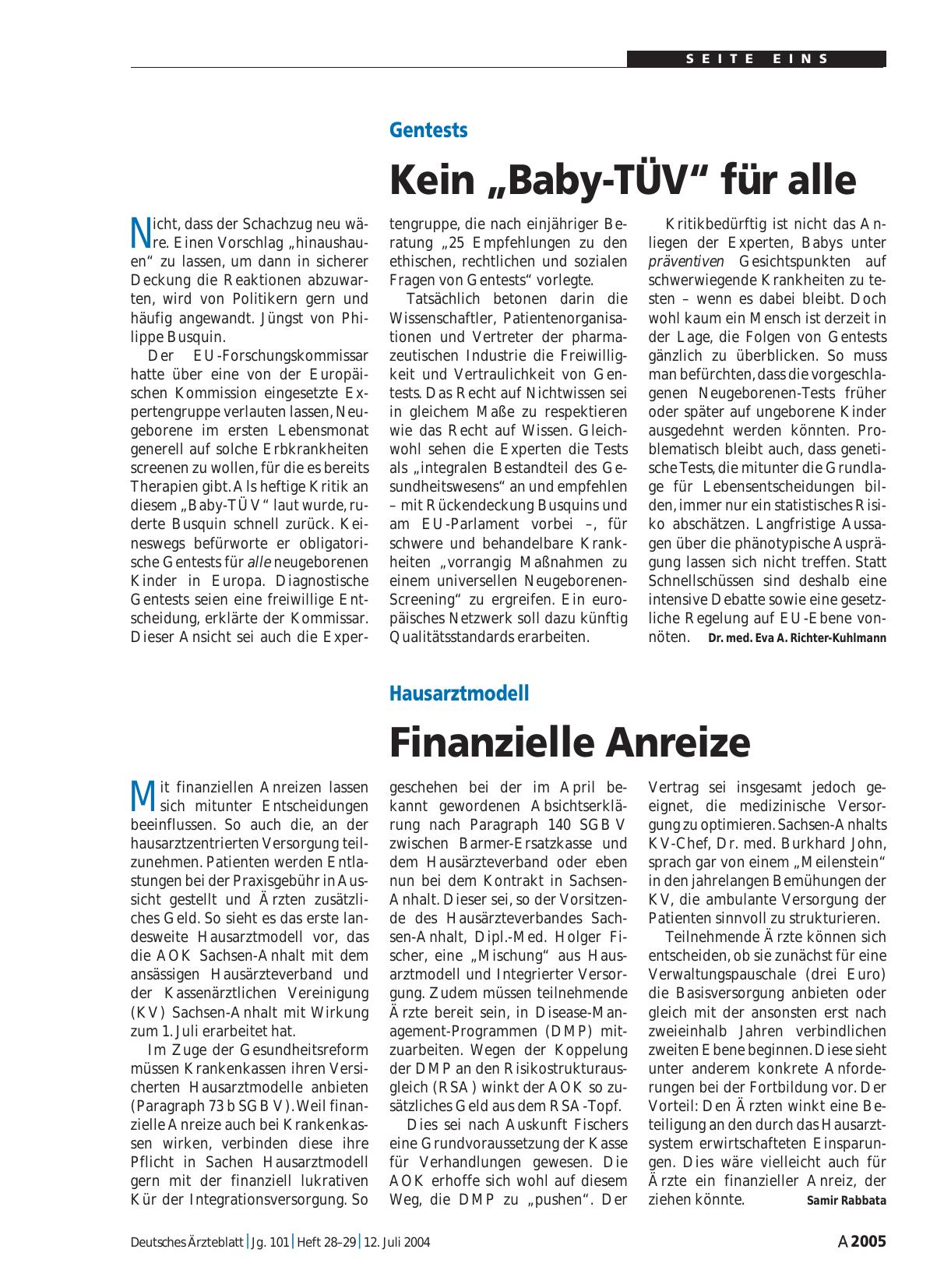 Vorschauseite 1: Gentests: Kein „Baby-TÜV“ für alle