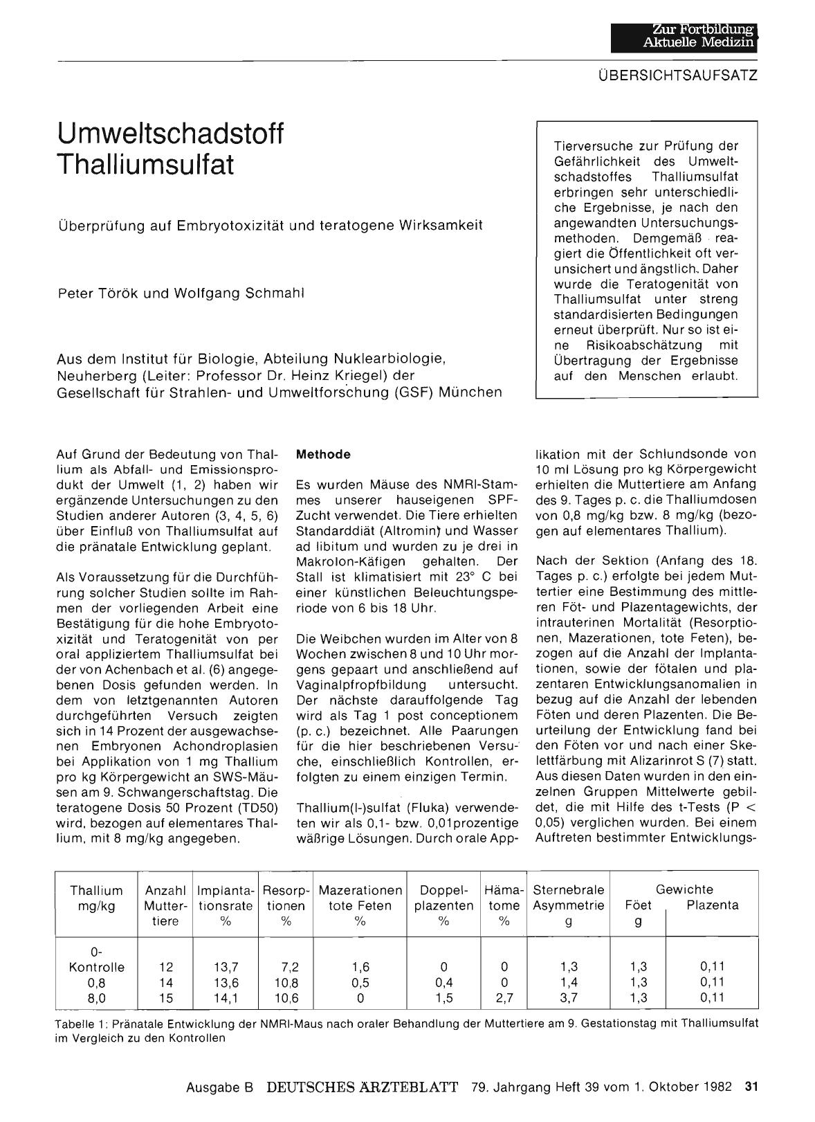 Vorschauseite 1: Umweltschadstoff Thalliumsulfat: Überprüfung auf Embryotoxizität und teratogene Wirksamkeit