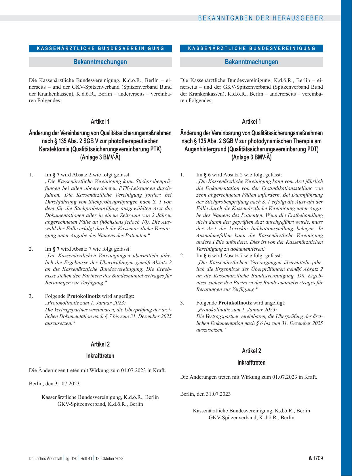 Vorschauseite 1: Änderung der Vereinbarung von Qualitätssicherungsmaßnahmen nach § 135 Abs. 2 SGB V zur phototherapeutischen Keratektomie (Qualitätssicherungsvereinbarung PTK)
