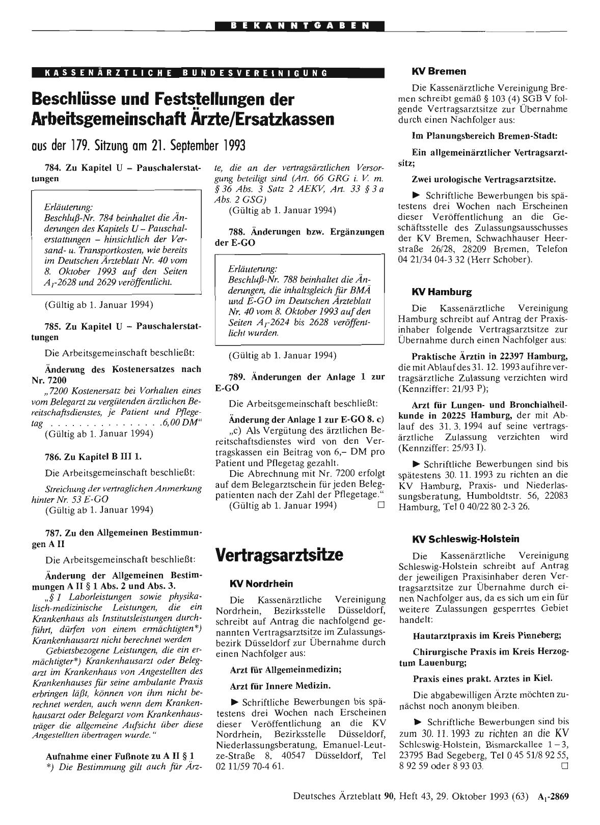 Vorschauseite 1: Beschlüsse und Feststellungen der Arbeitsgemeinschaft Ärzte/Ersatzkassen aus der 179. Sitzung am 21. September 1993