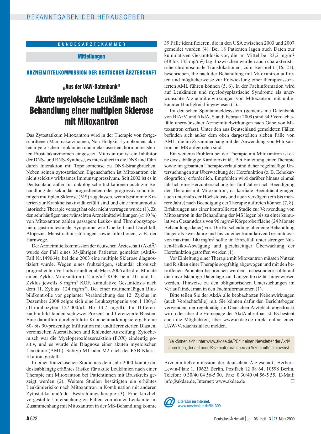 Vorschauseite 1: Mitteilungen - Arzneimittelkommission der deutschen Ärzteschaft: „Aus der UAW-Datenbank“ - Akute myeloische Leukämie nach Behandlung einer multiplen Sklerose mit Mitoxantron