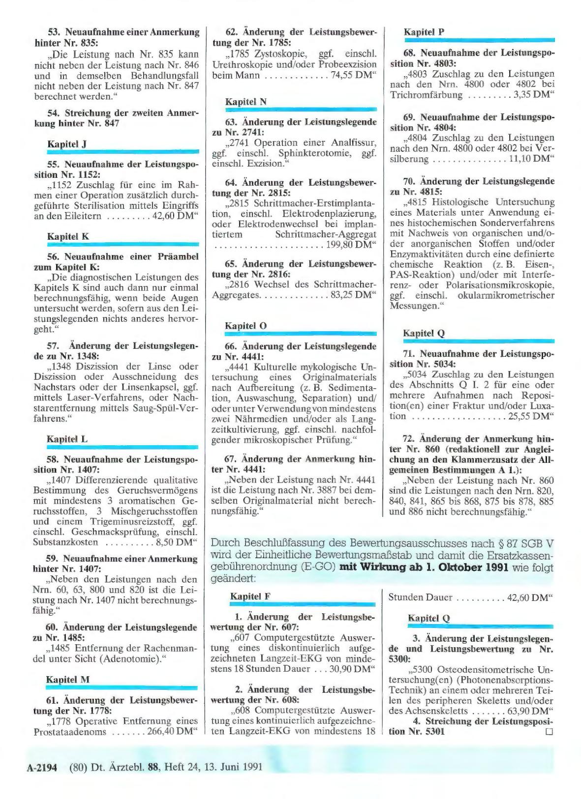 Vorschauseite 1: Durch Beschlußfassung des Bewertungsausschusses nach § 87 SGB V wird der Einheitliche Bewertungsmaßstab und damit die Ersatzkassengebührenordnung (E-GO) mit Wirkung ab 1. Oktober…