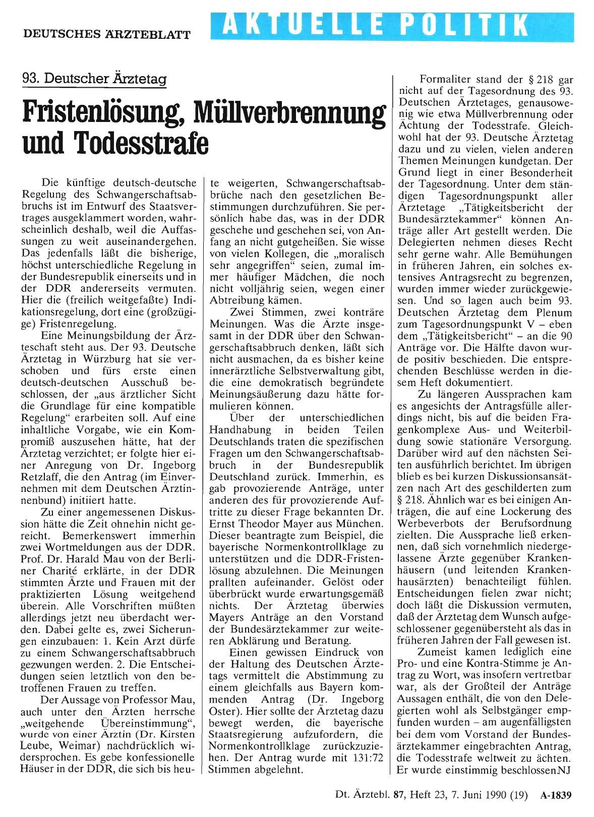 Vorschauseite 1: 93. Deutscher Ärztetag: Fristenlösung, Müllverbrennung und Todesstrafe