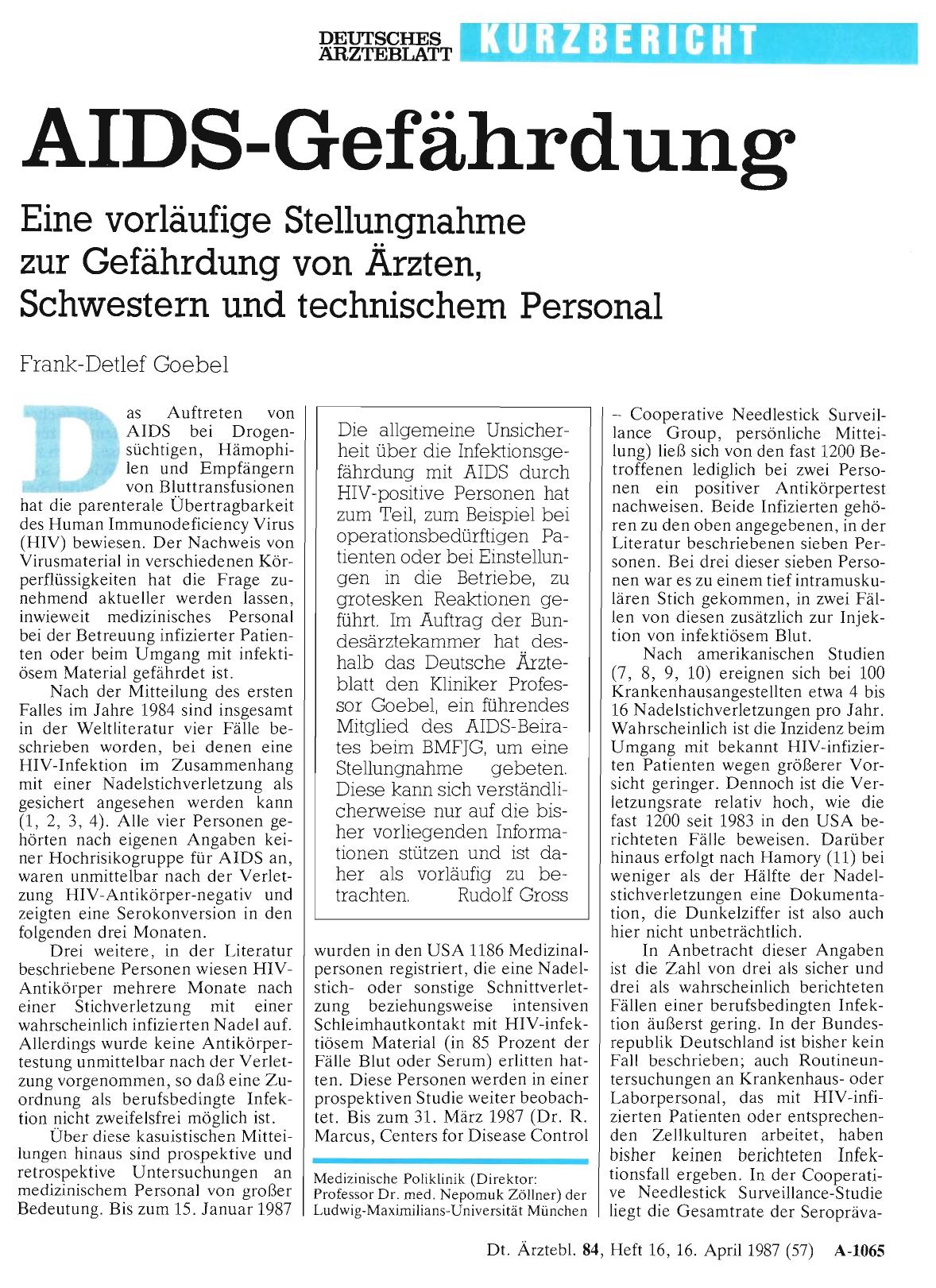Vorschauseite 1: AIDS-Gefährdung - Eine vorläufige Stellungnahme zur Gefährdung von Ärzten, Schwestern und technischem Personal