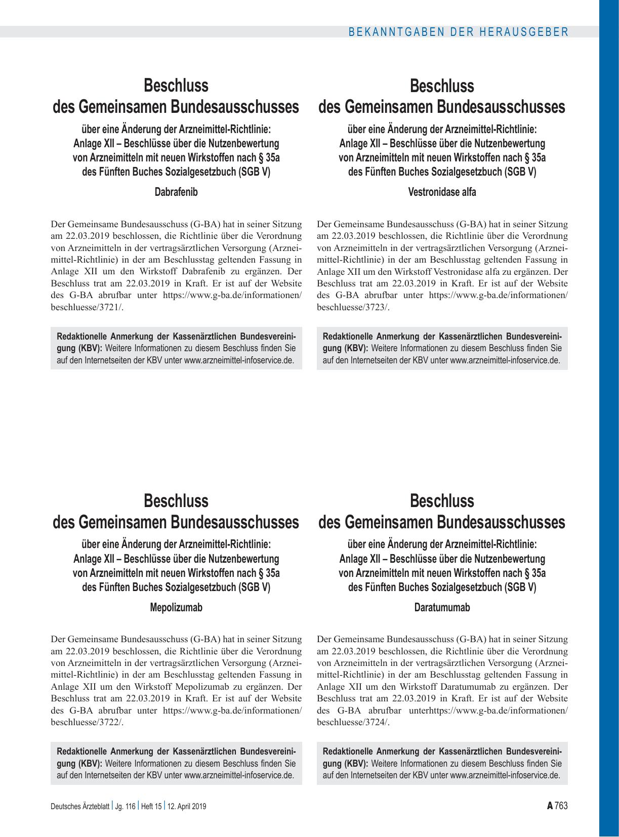 Vorschauseite 1: Beschluss des Gemeinsamen Bundesausschusses über eine Änderung der Arzneimittel-Richtlinie: Anlage XII – Daratumumab