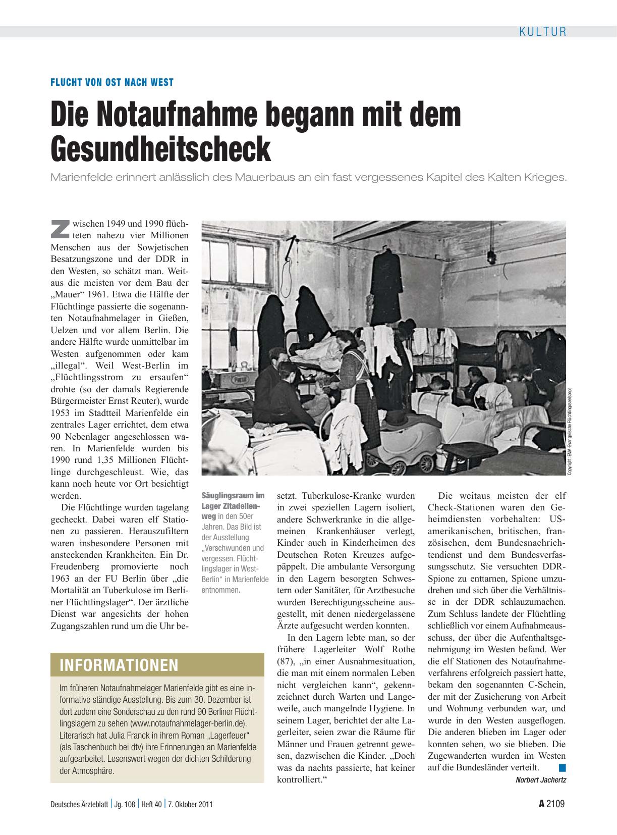 Vorschauseite 1: Flucht von Ost nach West: Die Notaufnahme begann mit dem Gesundheitscheck