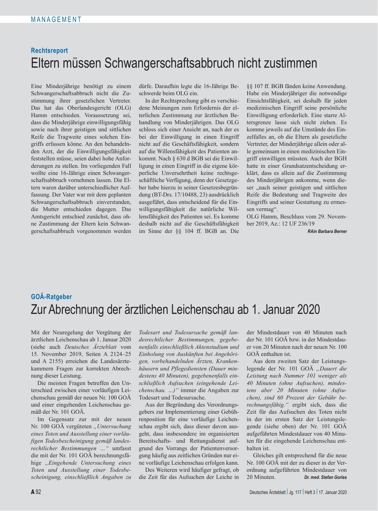 Vorschauseite 1: GOÄ-Ratgeber: Zur Abrechnung der ärztlichen Leichenschau ab 1. Januar 2020