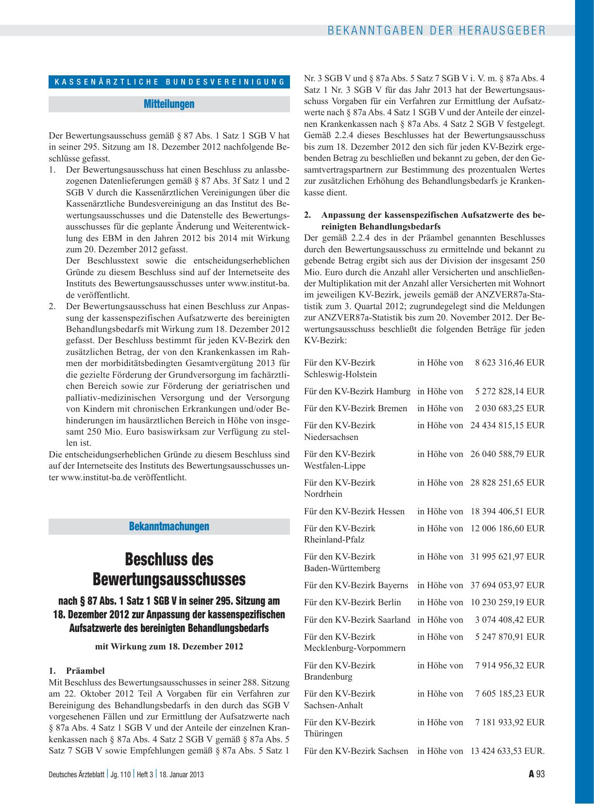 Vorschauseite 1: Beschluss des Bewertungsausschusses nach § 87 Abs. 1 Satz 1 SGB V in seiner 295. Sitzung am 18. Dezember 2012 zur Anpassung der kassenspezifischen Aufsatzwerte des bereinigten Beh…