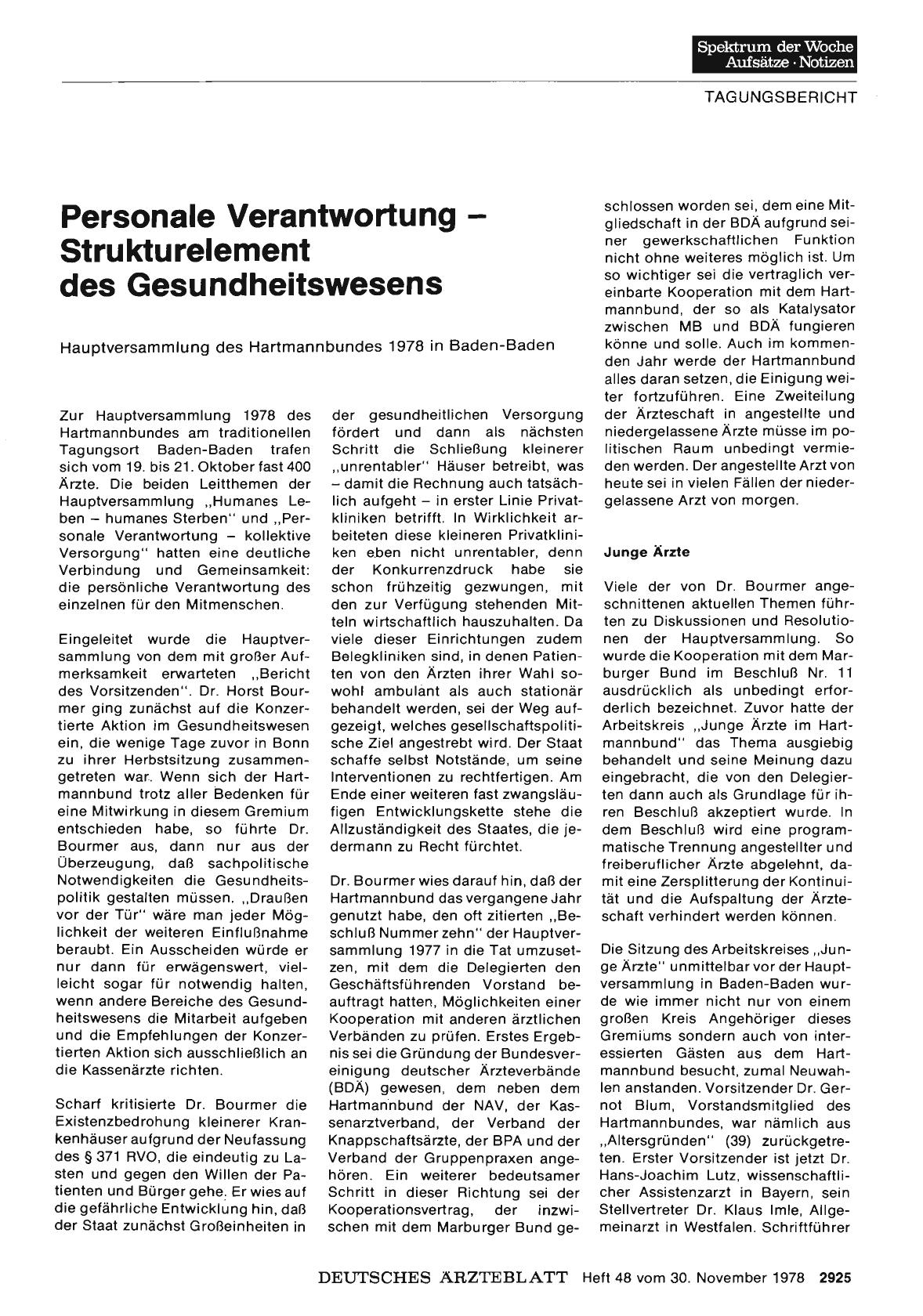 Vorschauseite 1: Personale Verantwortung - Strukturelement des Gesundheitswesens: Hauptversammlung des Hartmannbundes 1978 in Baden-Baden