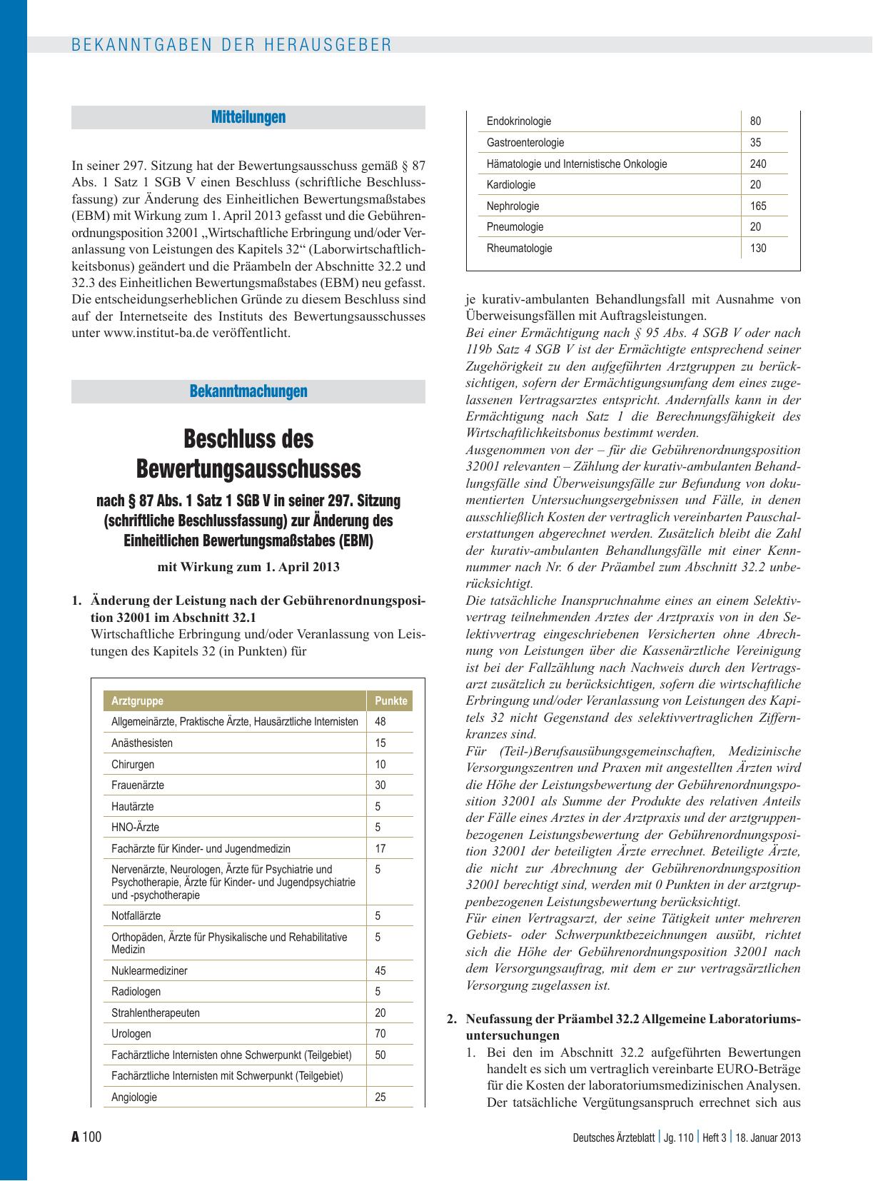 Vorschauseite 1: Beschluss des Bewertungsausschusses nach § 87 Abs. 1 Satz 1 SGB V in seiner 297. Sitzung (schriftliche Beschlussfassung) zur Änderung des Einheitlichen Bewertungsmaßstabes (EBM)