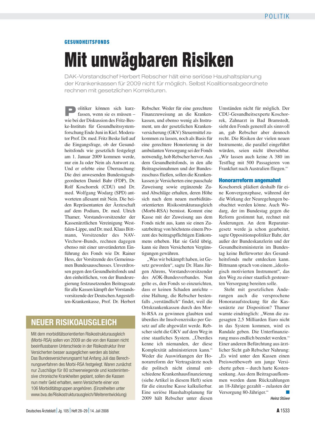 Vorschauseite 1: Gesundheitsfonds: Mit unwägbaren Risiken