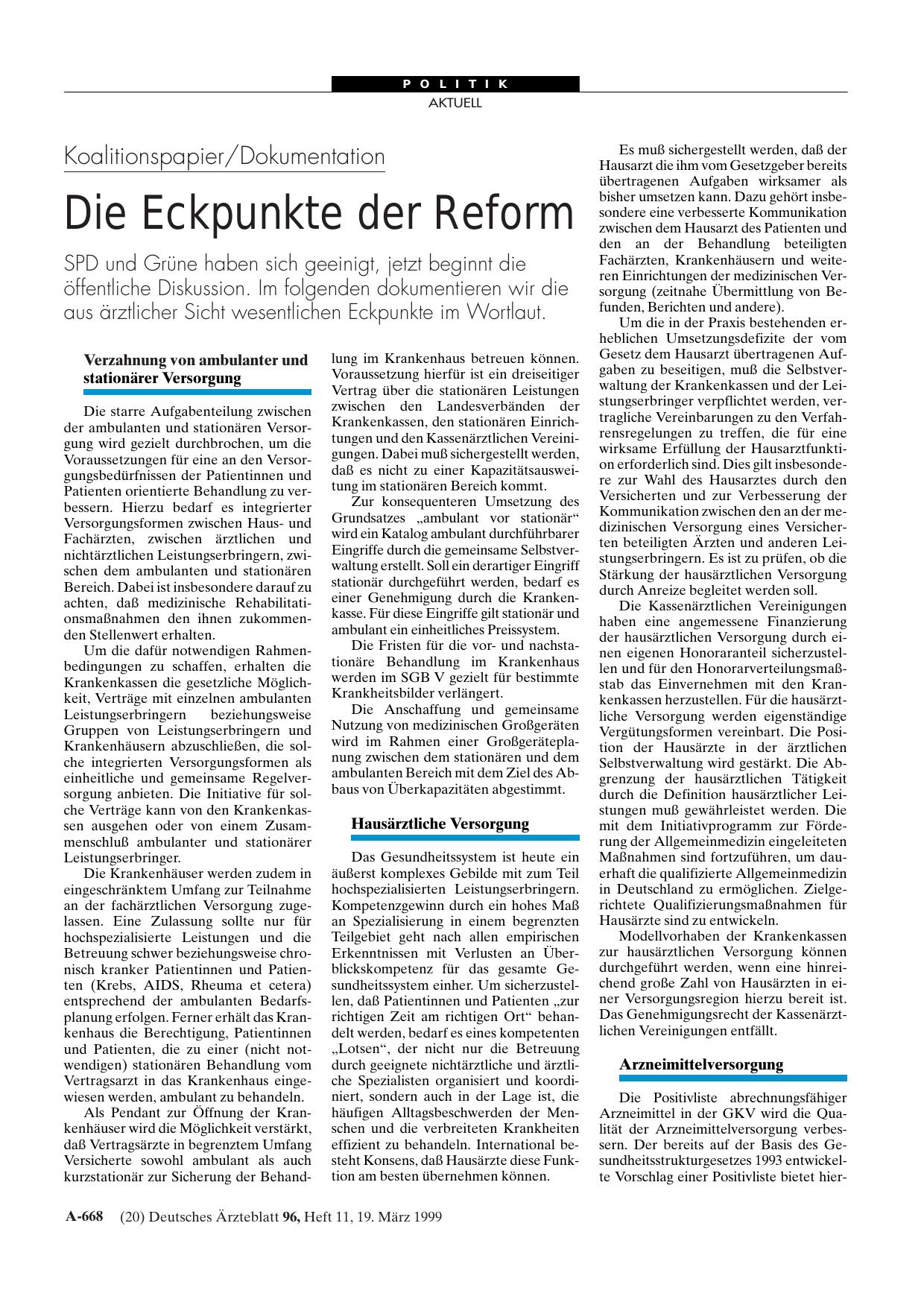 Vorschauseite 1: Koalitionspapier/Dokumentation: Die Eckpunkte der Reform