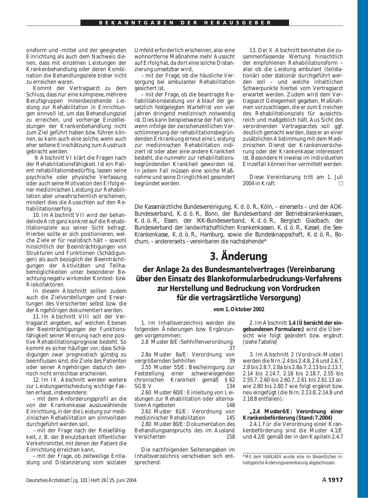 Vorschauseite 1: 3. Änderung der Anlage 2a des Bundesmantelvertrages (Vereinbarung über den Einsatz des Blankoformularbedruckungs-Verfahrens zur Herstellung und Bedruckung von Vordrucken für die v…