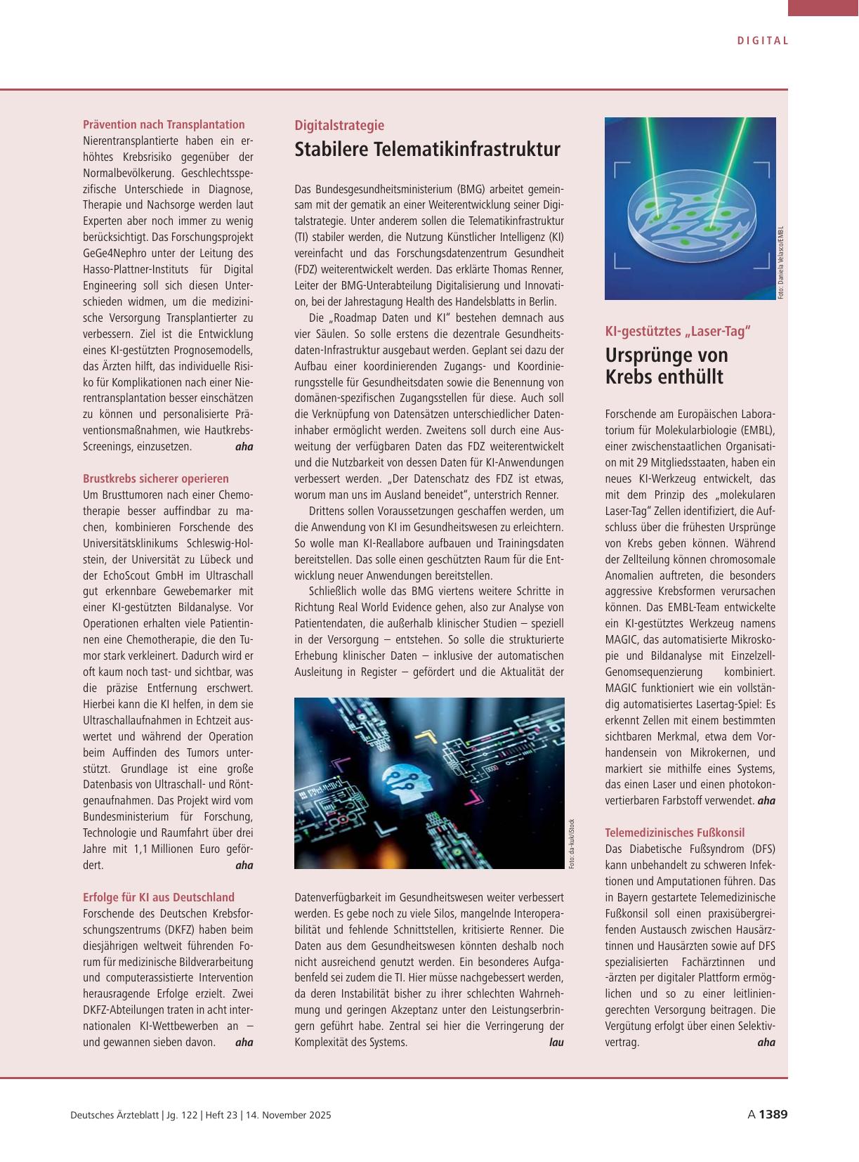 Vorschauseite 1: Prävention nach Transplantation / Brustkrebs sicherer operieren / Erfolge für KI aus Deutschland