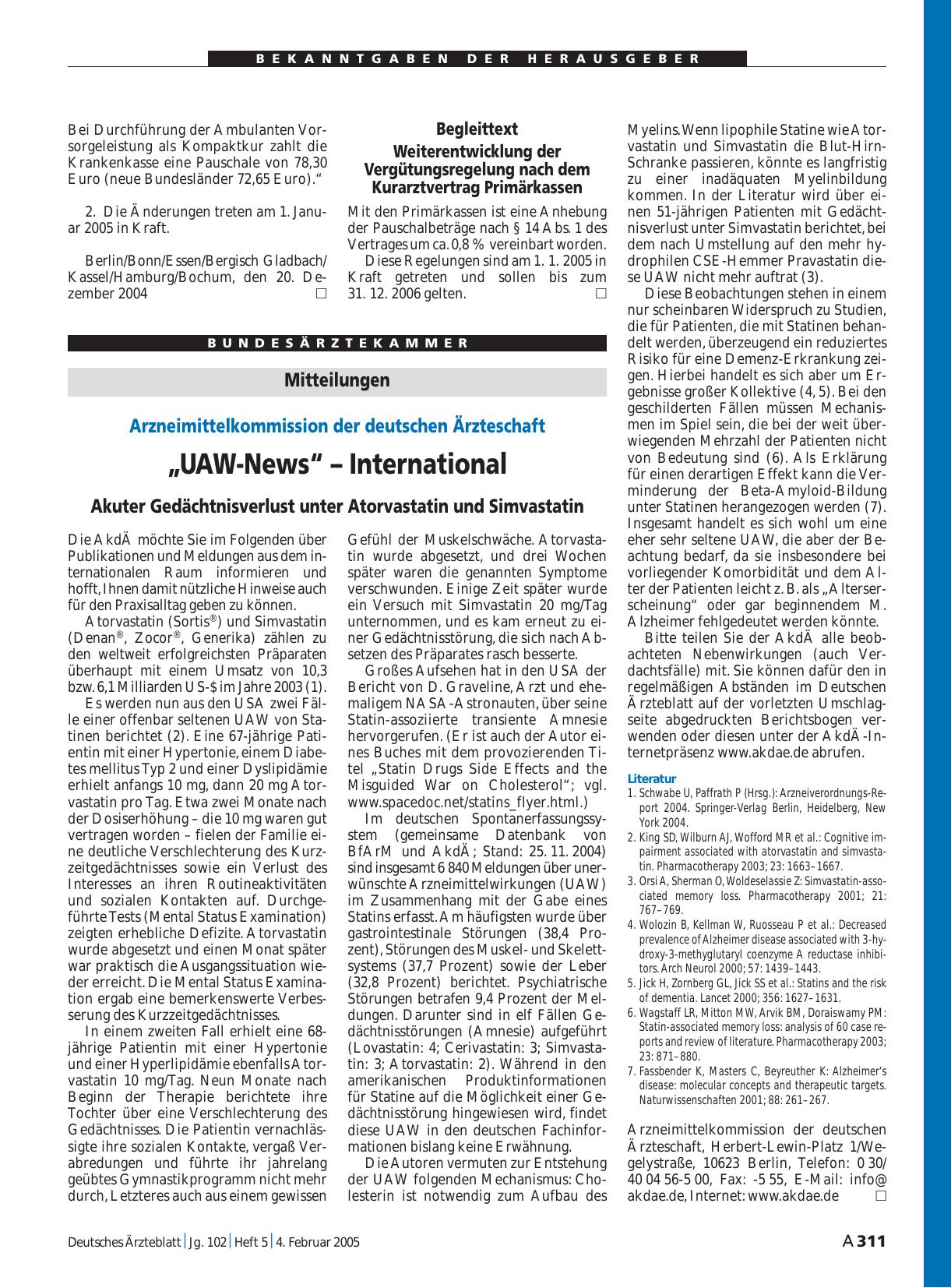 Vorschauseite 1: „UAW-News“ – International: Akuter Gedächtnisverlust unter Atorvastatin und Simvastatin