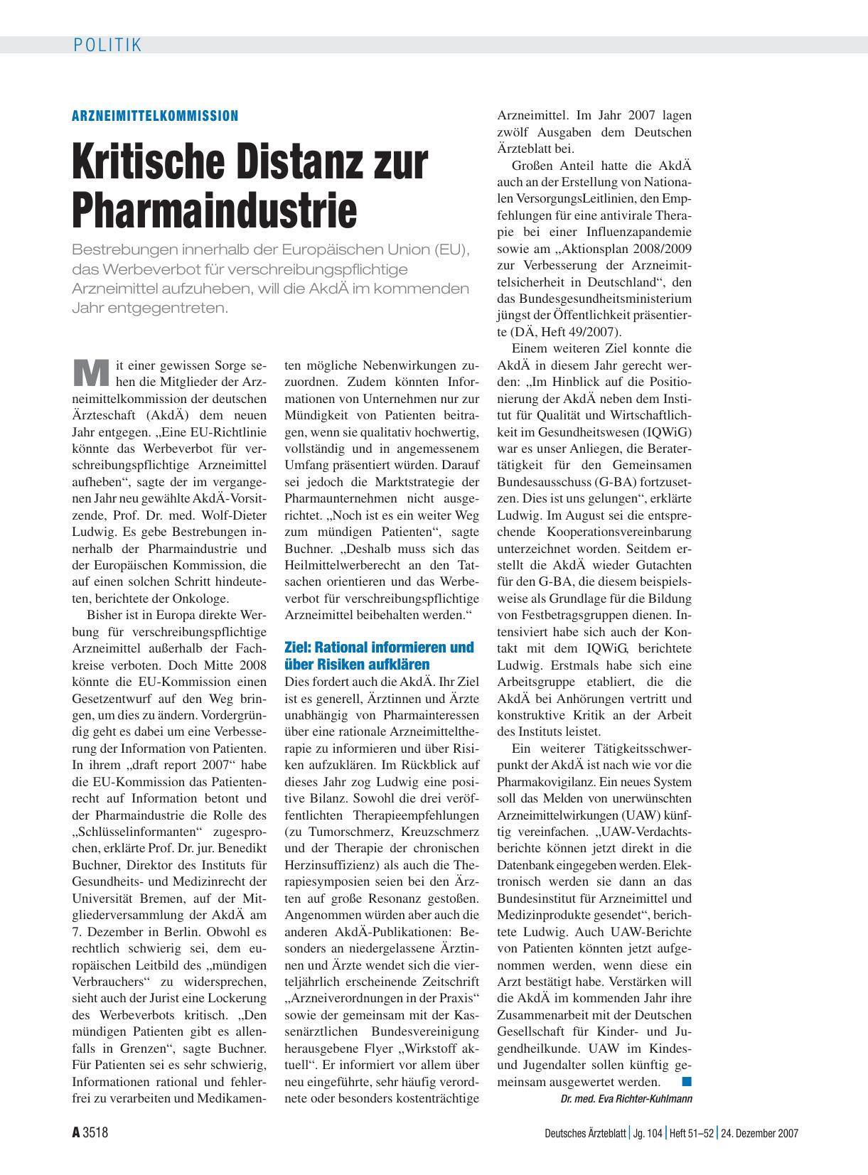 Vorschauseite 1: Arzneimittelkommission: Kritische Distanz zur Pharmaindustrie
