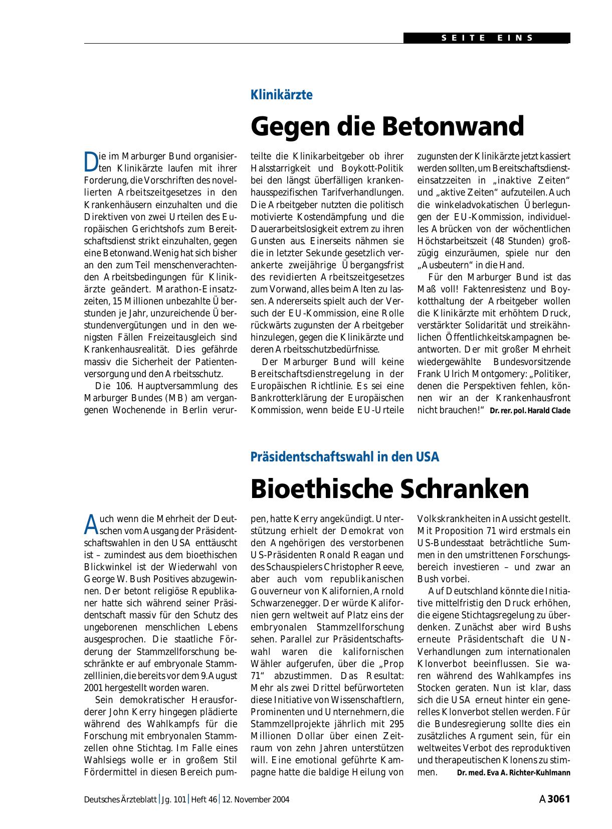 Vorschauseite 1: Klinikärzte: Gegen die Betonwand