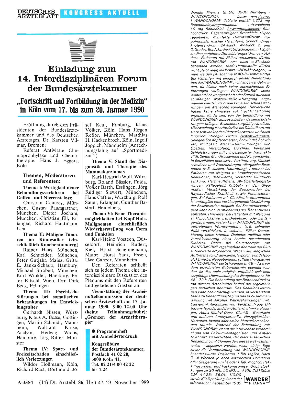 Vorschauseite 1: Einladung zum 14. Interdisziplinären Forum der Bundesärztekammer: „Fortschritt und Fortbildung in der Medizin“ in Köln vom 17. bis zum 20. Januar 1990