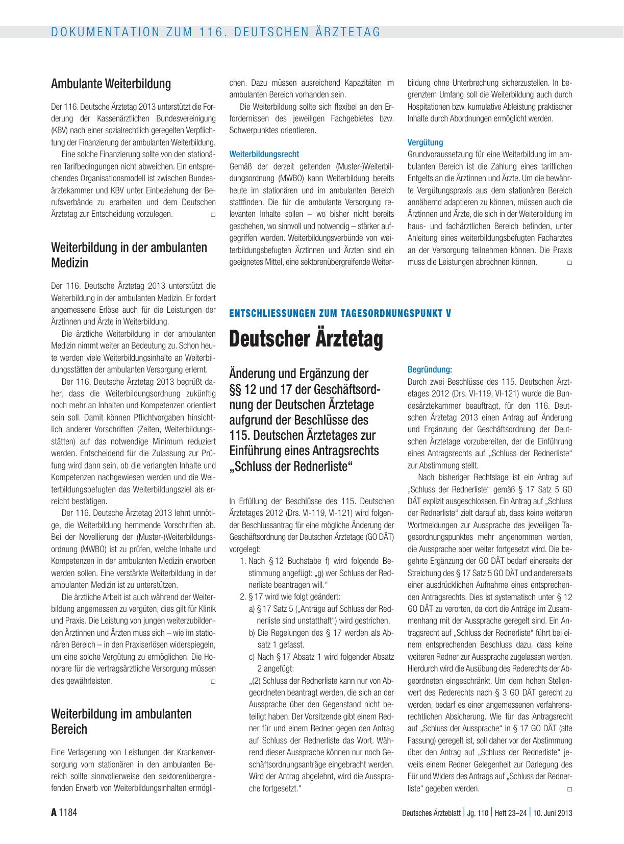 Vorschauseite 1: Entschliessungen zum Tagesordnungspunkt V: Deutscher Ärztetag