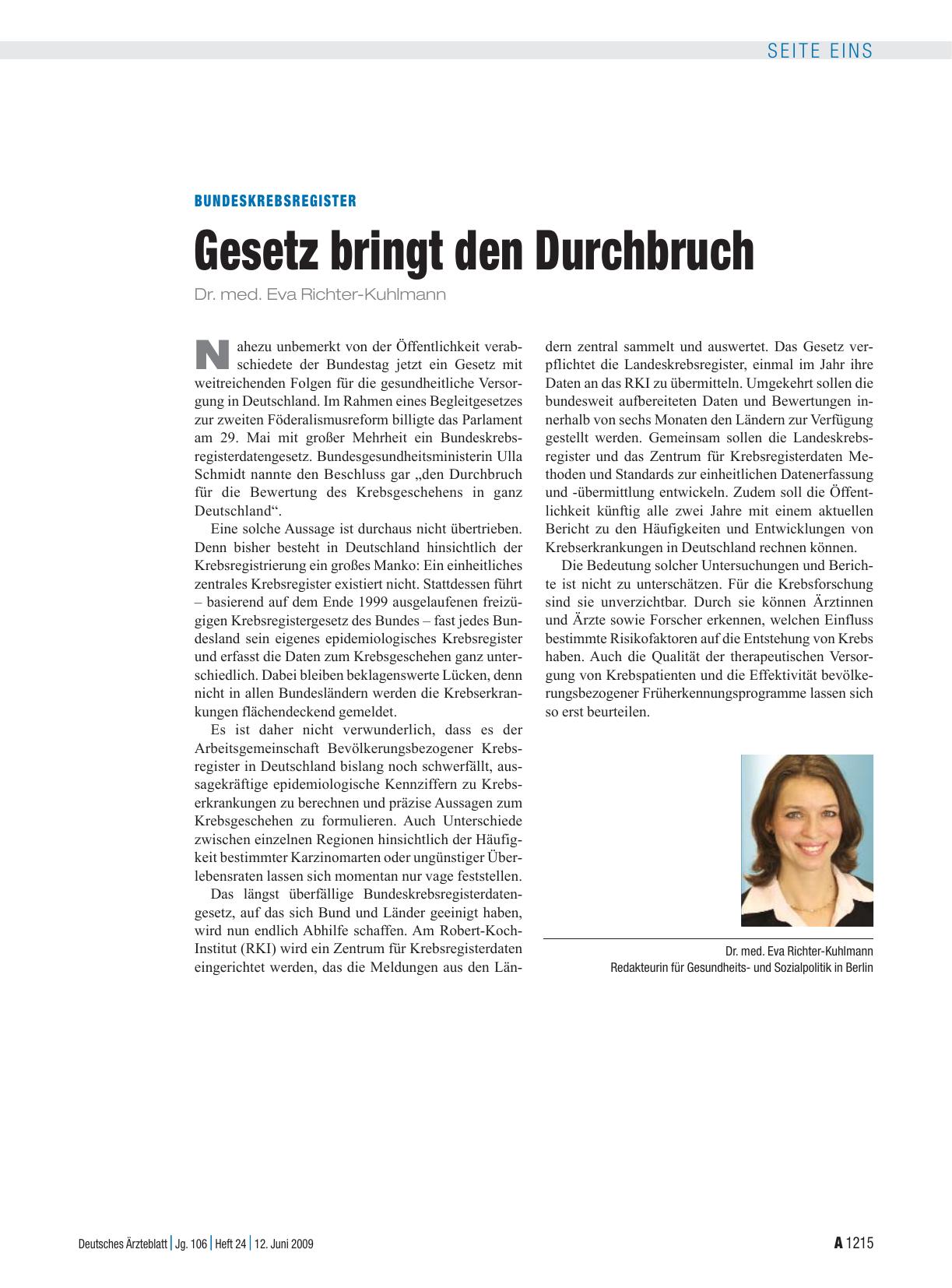 Vorschauseite 1: Bundeskrebsregister: Gesetz bringt den Durchbruch