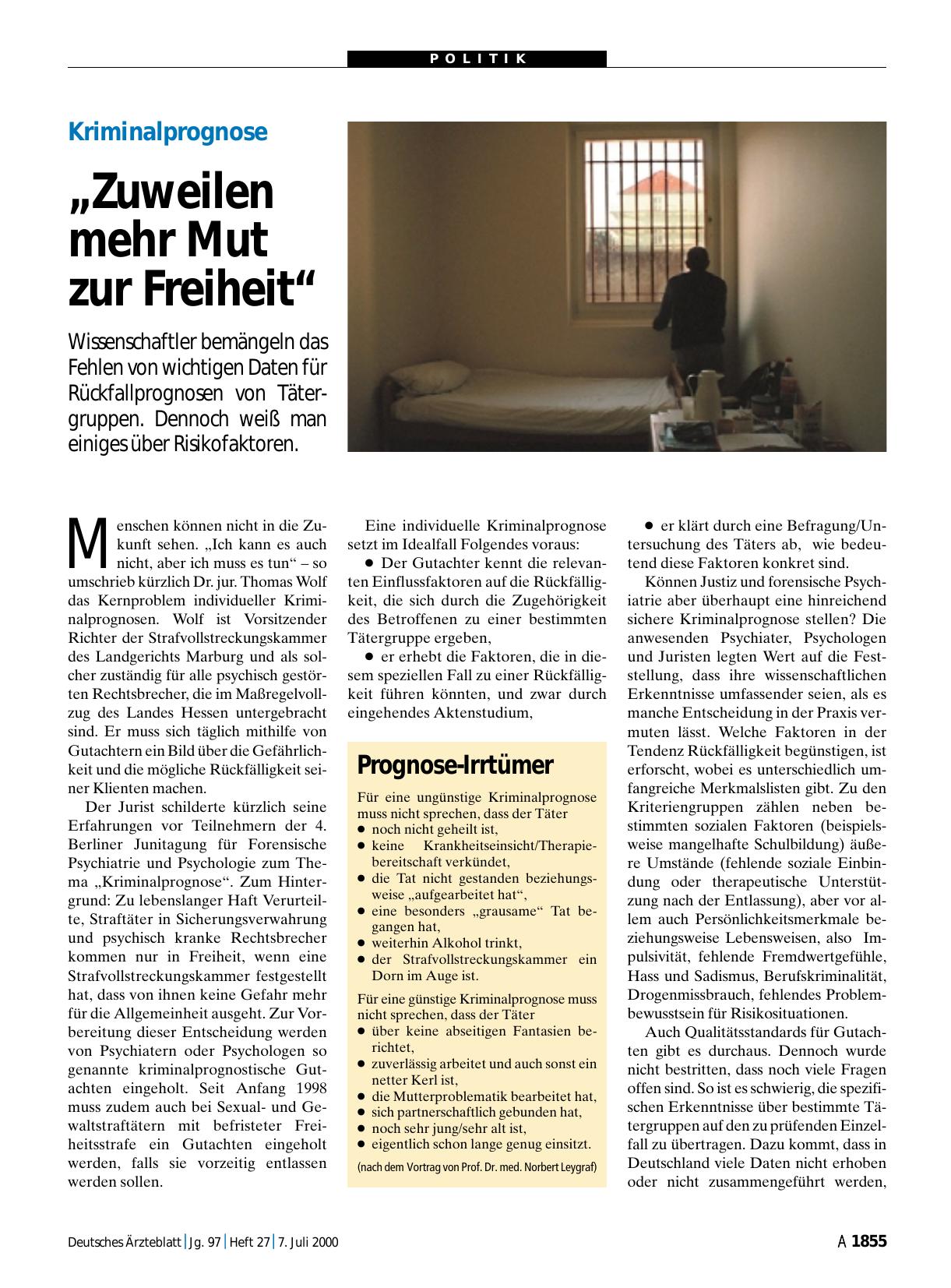Vorschauseite 1: Kriminalprognose: „Zuweilen mehr Mut zur Freiheit“