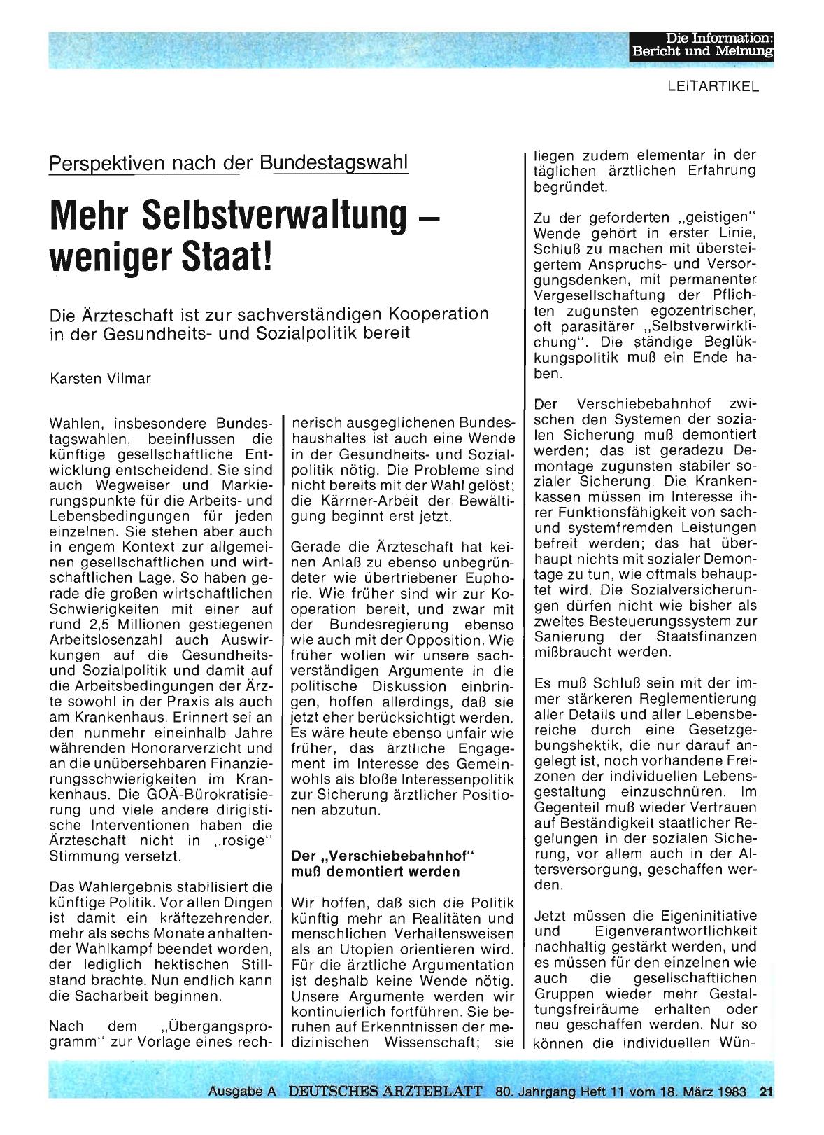 Vorschauseite 1: Perspektiven nach der Bundestagswahl Mehr Selbstverwaltung — weniger Staat!