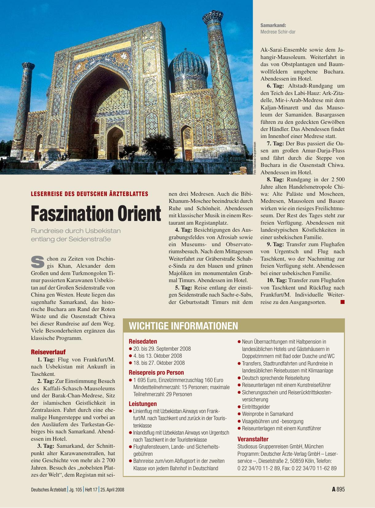 Vorschauseite 1: Leserreise des Deutschen Ärzteblattes: Faszination Orient