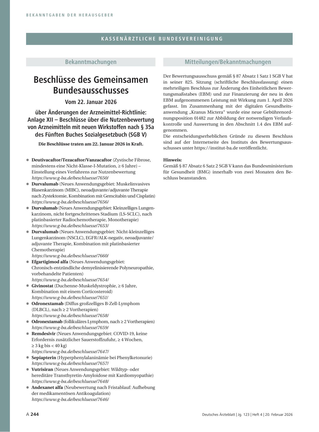 Vorschauseite 1: Beschlüsse des Gemeinsamen Bundesausschusses vom 22. Januar 2026 über Änderungen der Arzneimittel-Richtlinie: Beschlüsse über die Nutzenbewertung von Arzneimitteln mit neuen Wirks…