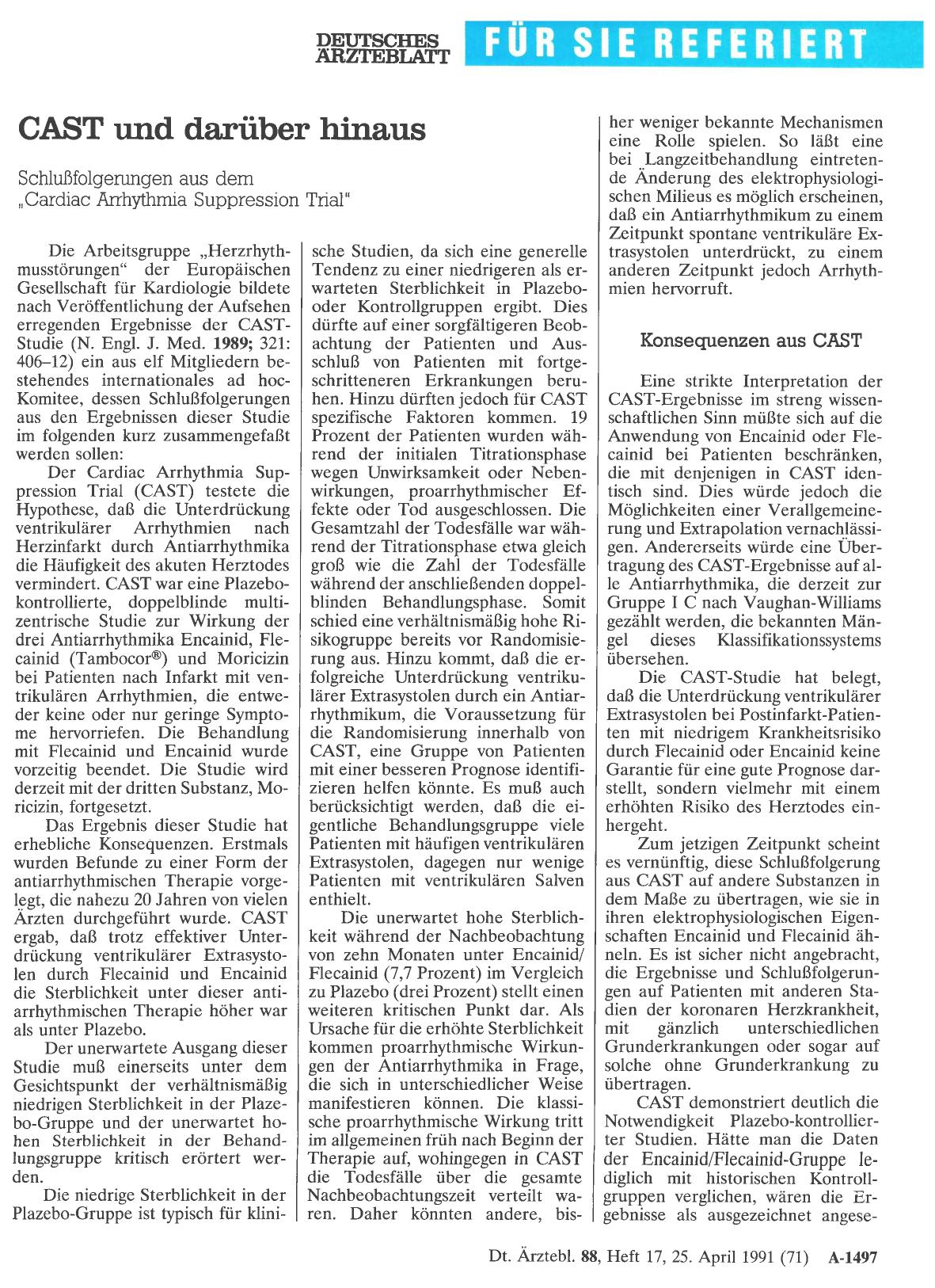 Vorschauseite 1: CAST und darüber hinaus: Schlußfolgerungen aus dem „Cardiac Arrhythmia Suppression Trial“