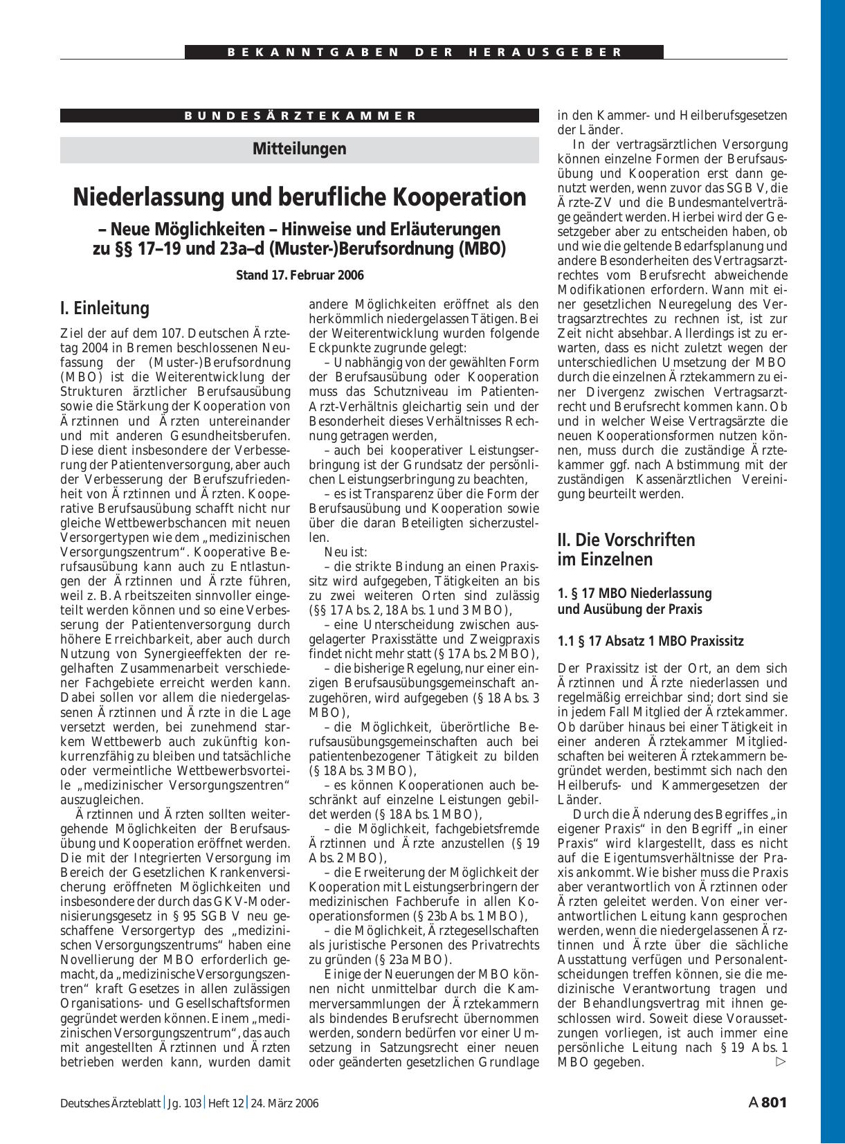 Vorschauseite 1: Mitteilungen: Niederlassung und berufliche Kooperation – Neue Möglichkeiten – Hinweise und Erläuterungen zu §§ 17 – 19 und 23a – d (Muster-)Berufsordnung (MBO) Stand 17. Februar 2…