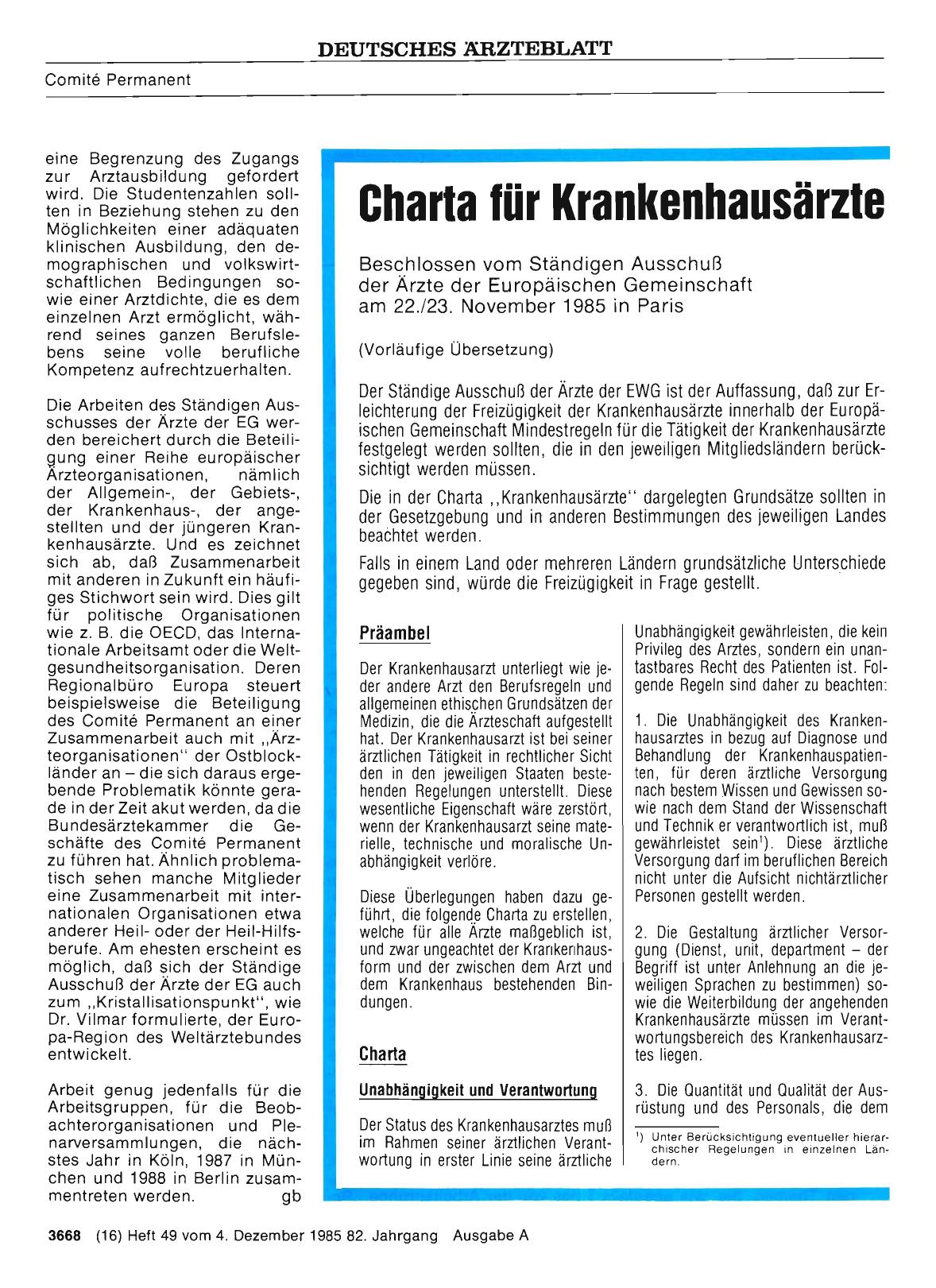 Vorschauseite 1: Charta für Krankenhausärzte: Beschlossen vom Ständigen Ausschuß der Ärzte der Europäischen Gemeinschaft am 22. /23. November 1985 in Paris