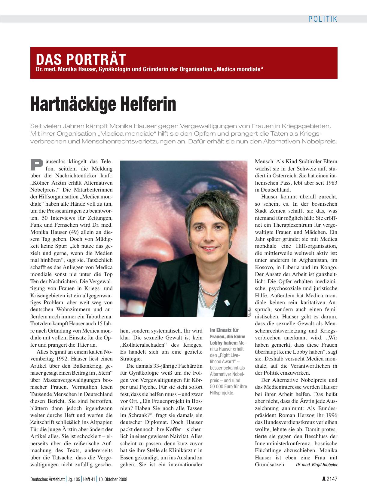 Vorschauseite 1: Hartnäckige Helferin: Dr. med. Monika Hauser, Gynäkologin und Gründerin der Organisation „Medica mondiale“