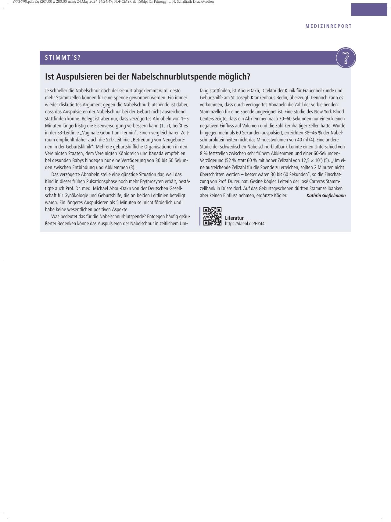Vorschauseite 1: Ist Auspulsieren bei der Nabelschnurblutspende möglich?