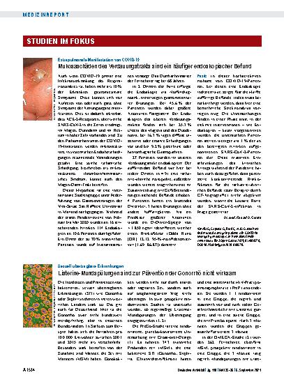 Vorschauseite 1: Extrapulmonale Manifestation von COVID-19: Mukosaschäden des Verdauungstrakts sind ein häufiger endoskopischer Befund