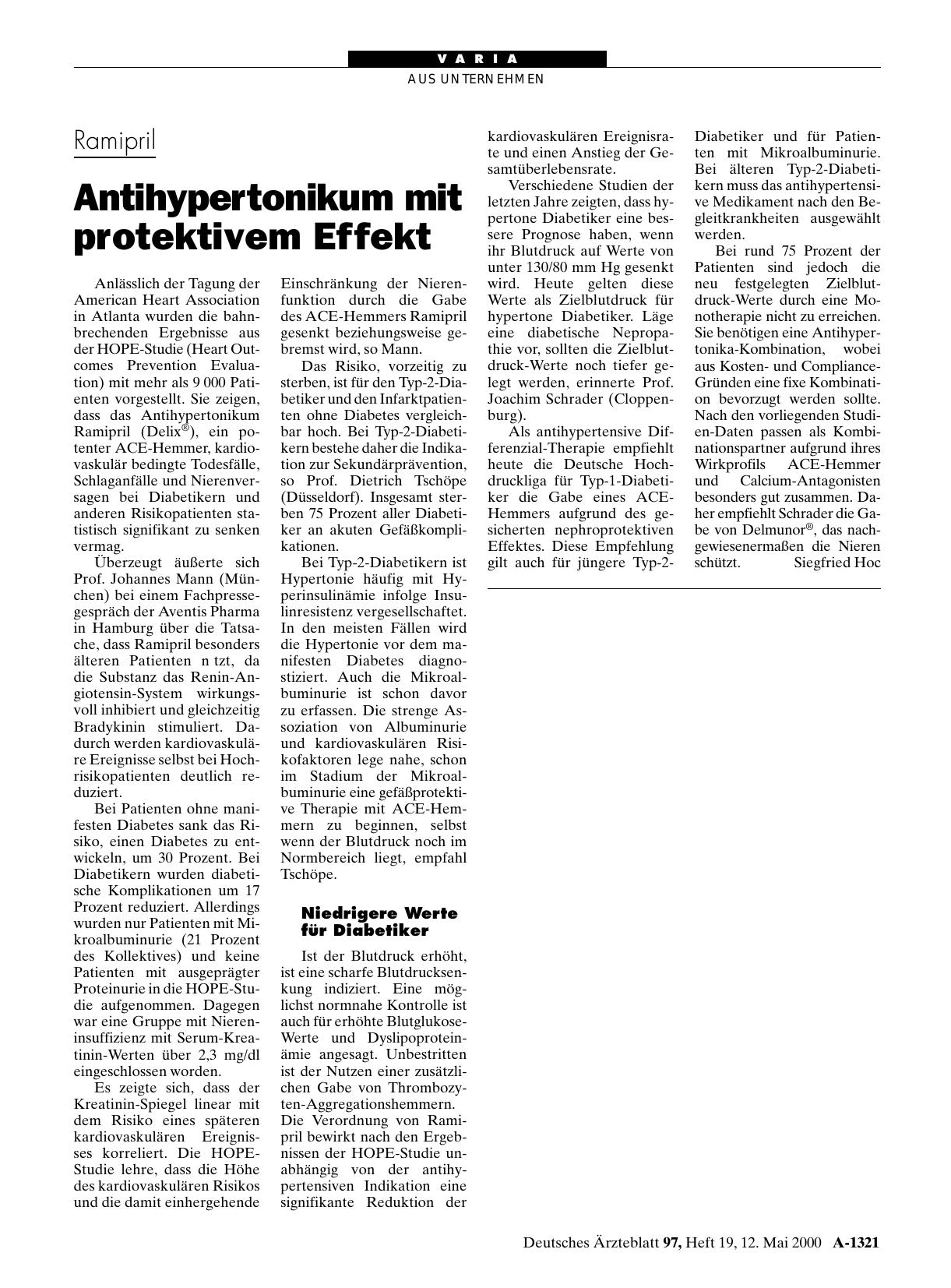 Vorschauseite 1: Ramipril: Antihypertonikum mit protektivem Effekt