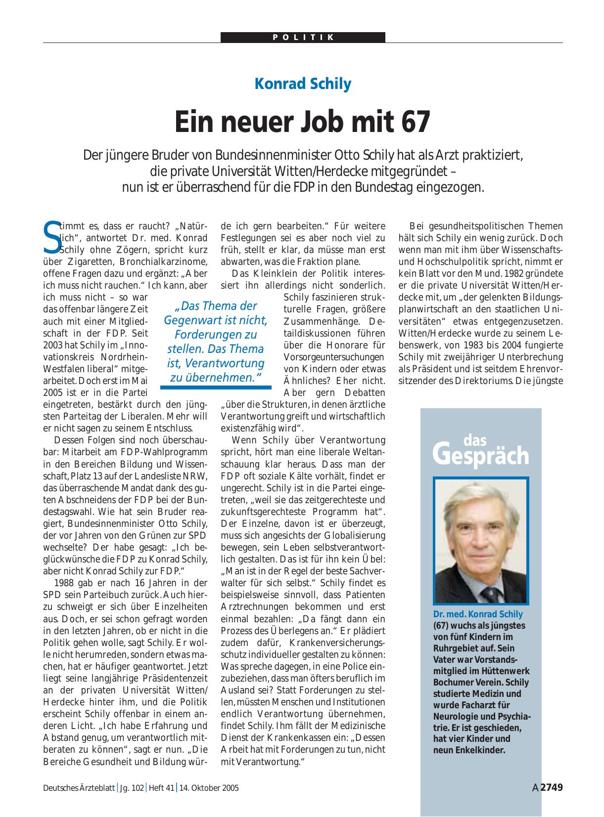 Vorschauseite 1: Konrad Schily: Ein neuer Job mit 67