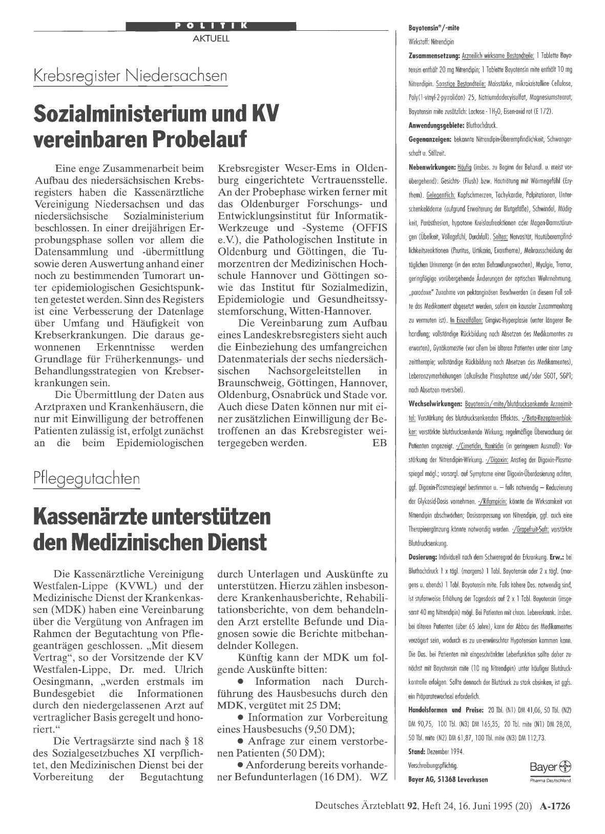 Vorschauseite 1: Krebsregister Niedersachsen: Sozialministerium und KV vereinbaren Probelauf
