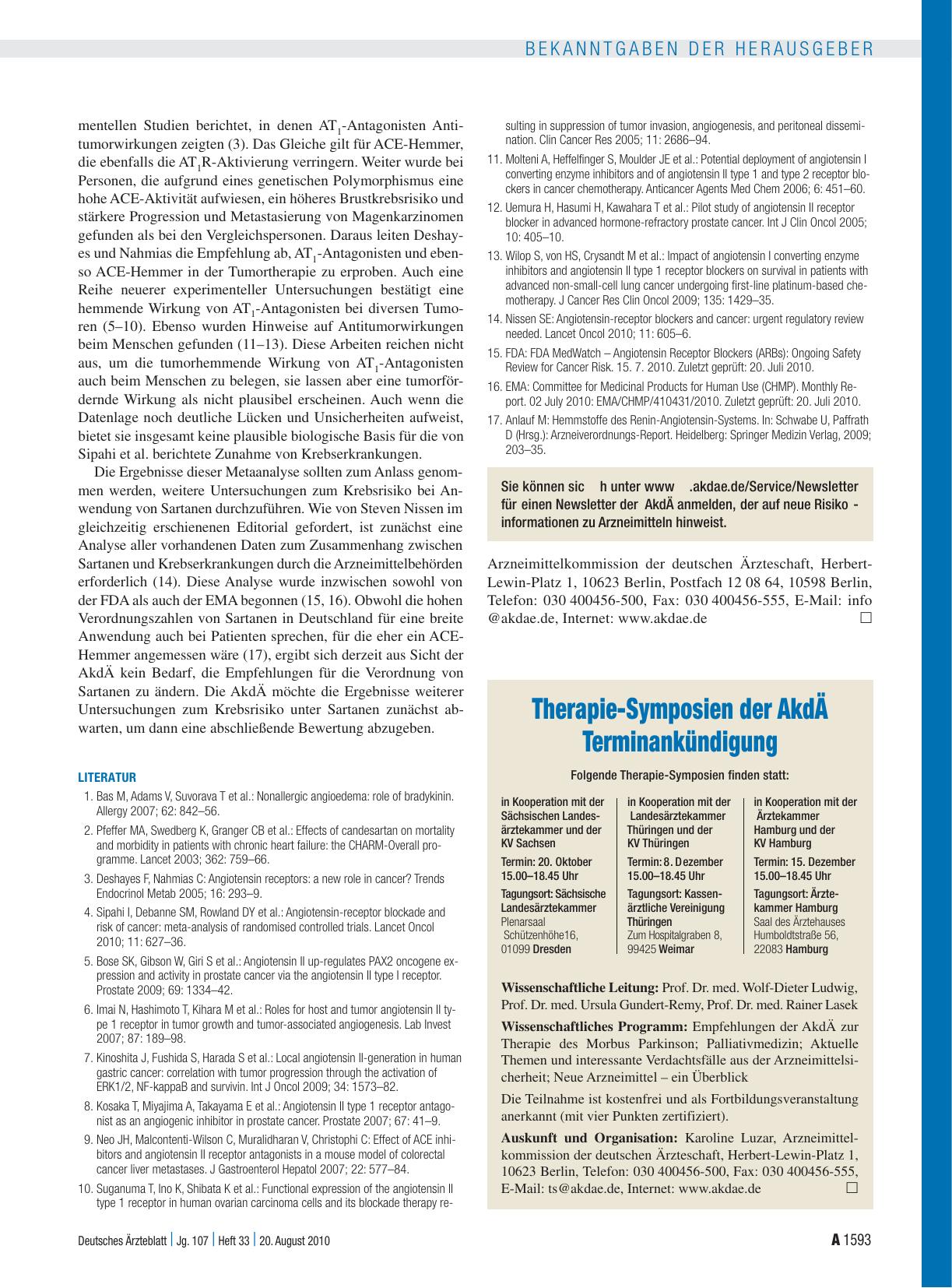 Vorschauseite 1: Therapie-Symposien der AkdÄ – Terminankündigung: Folgende Therapie-Symposien finden statt