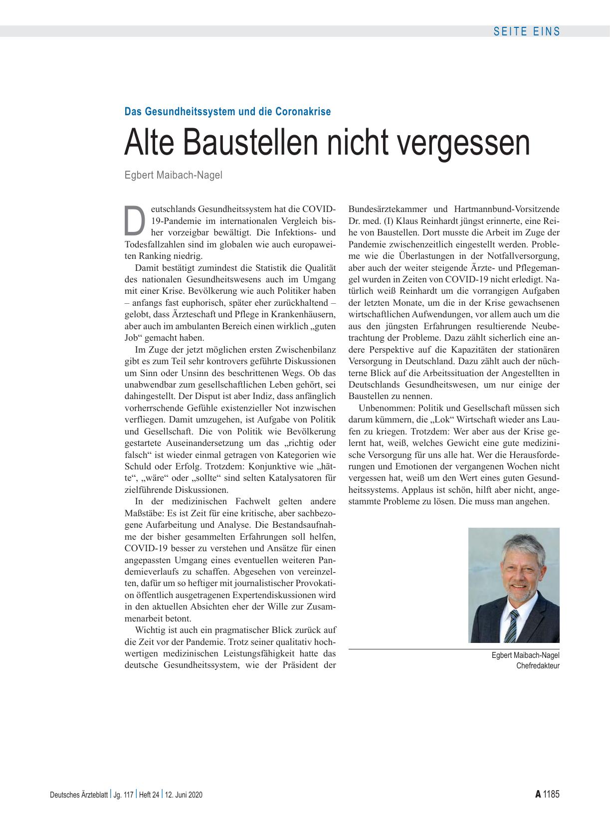 Vorschauseite 1: Das Gesundheitssystem und die Coronakrise: Alte Baustellen nicht vergessen